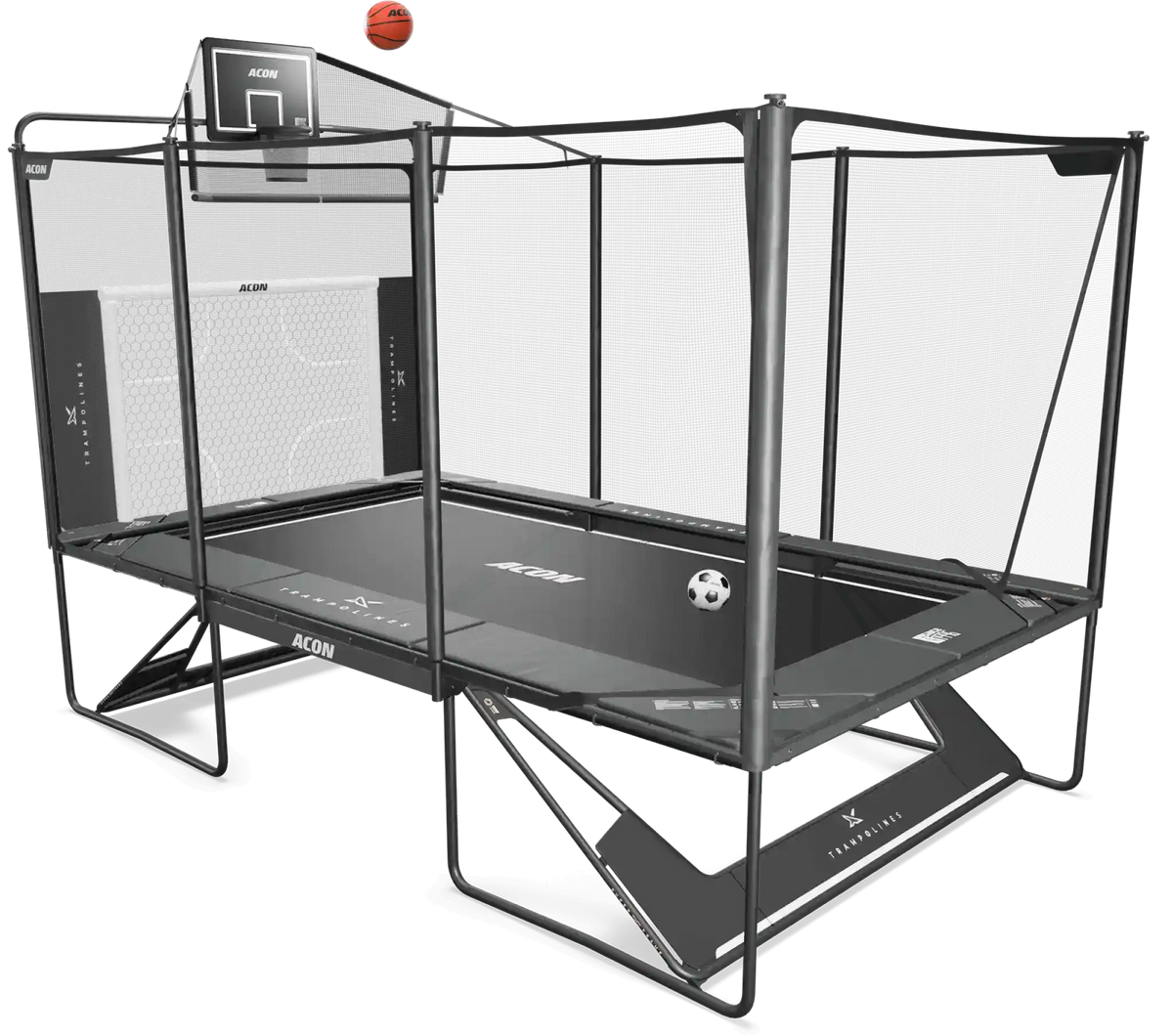 Acon X trampoline with basketball hoop and soccer goal accessories.