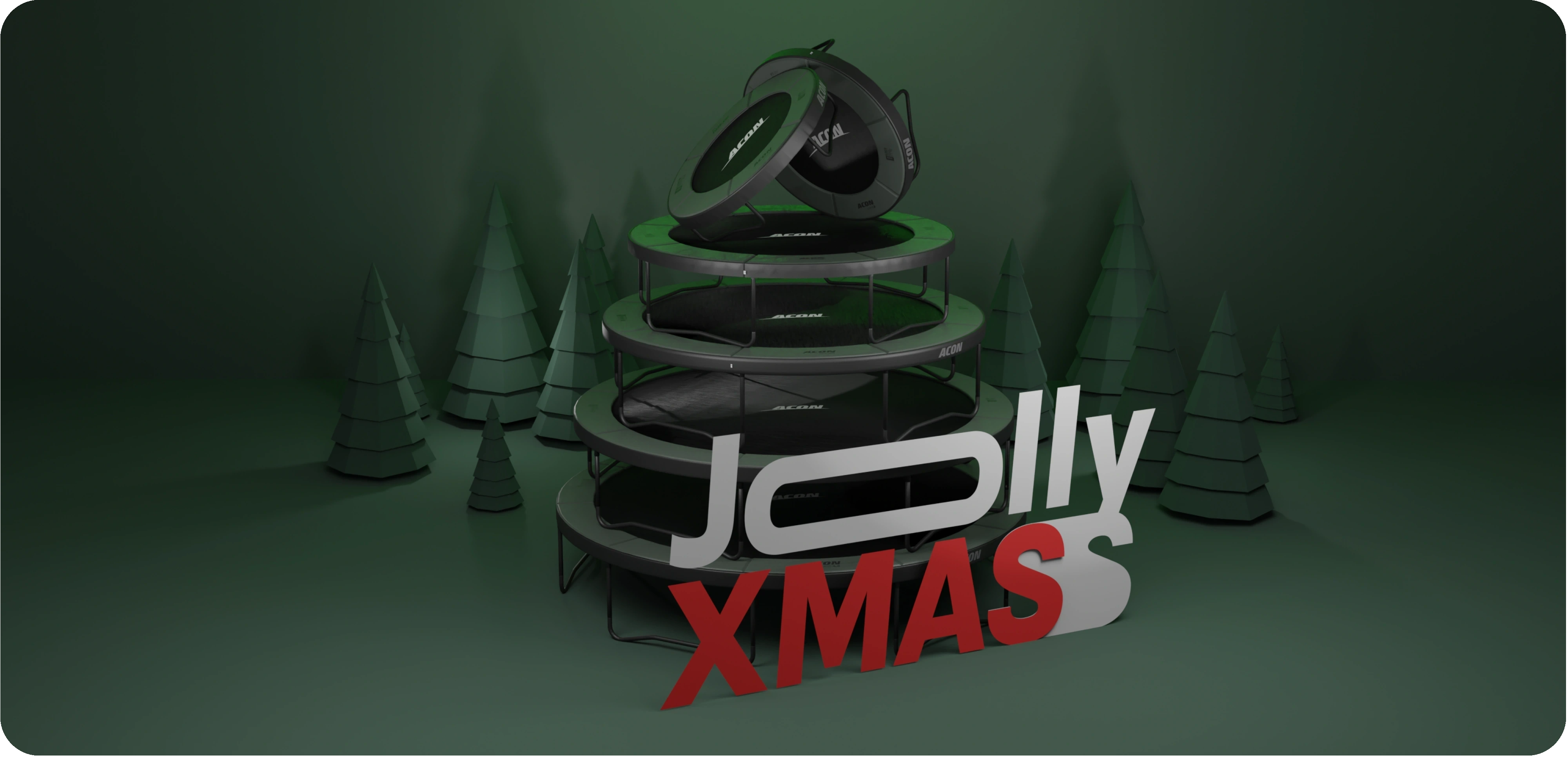 Trampoline Christmas tree with 'Jolly XMAS' text against a dark green background.