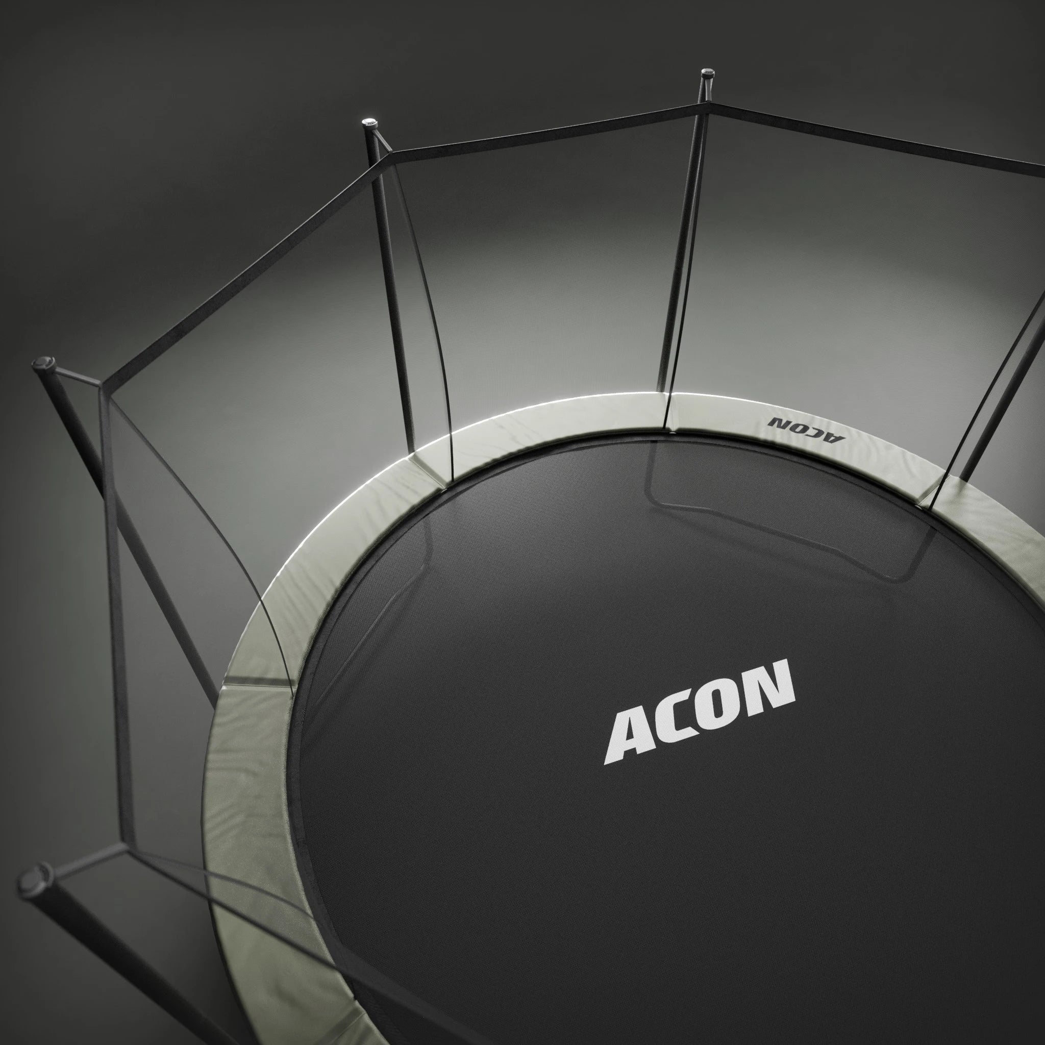 Top-down view of the Acon 14ft trampoline frame and mat, showing the structure of a 14ft round trampoline.