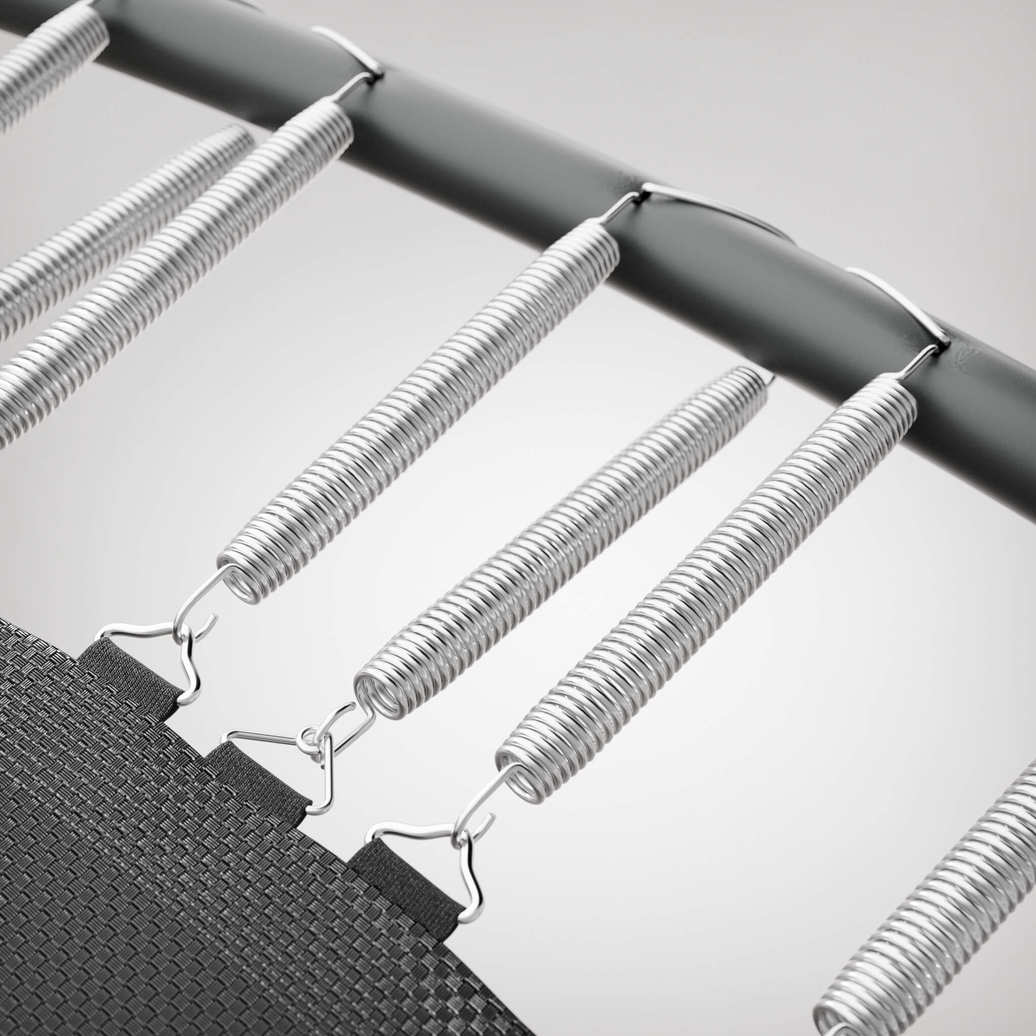 Close-up of Acon trampoline springs installed for stronger, stable bounce. Add extra springs for better support. Upgrade your trampoline.