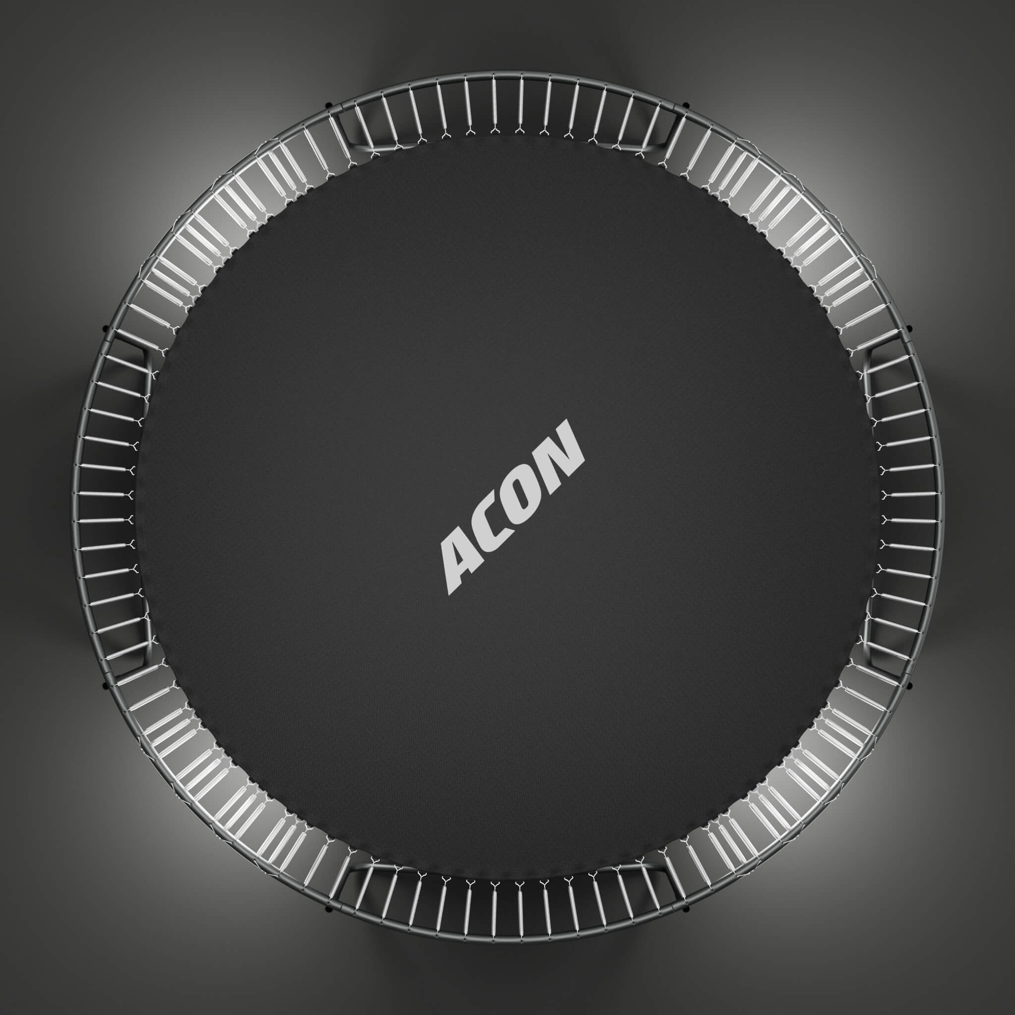 Top view of Acon trampoline with added springs for enhanced support and control. Increase weight limit and stability. Explore the kit.