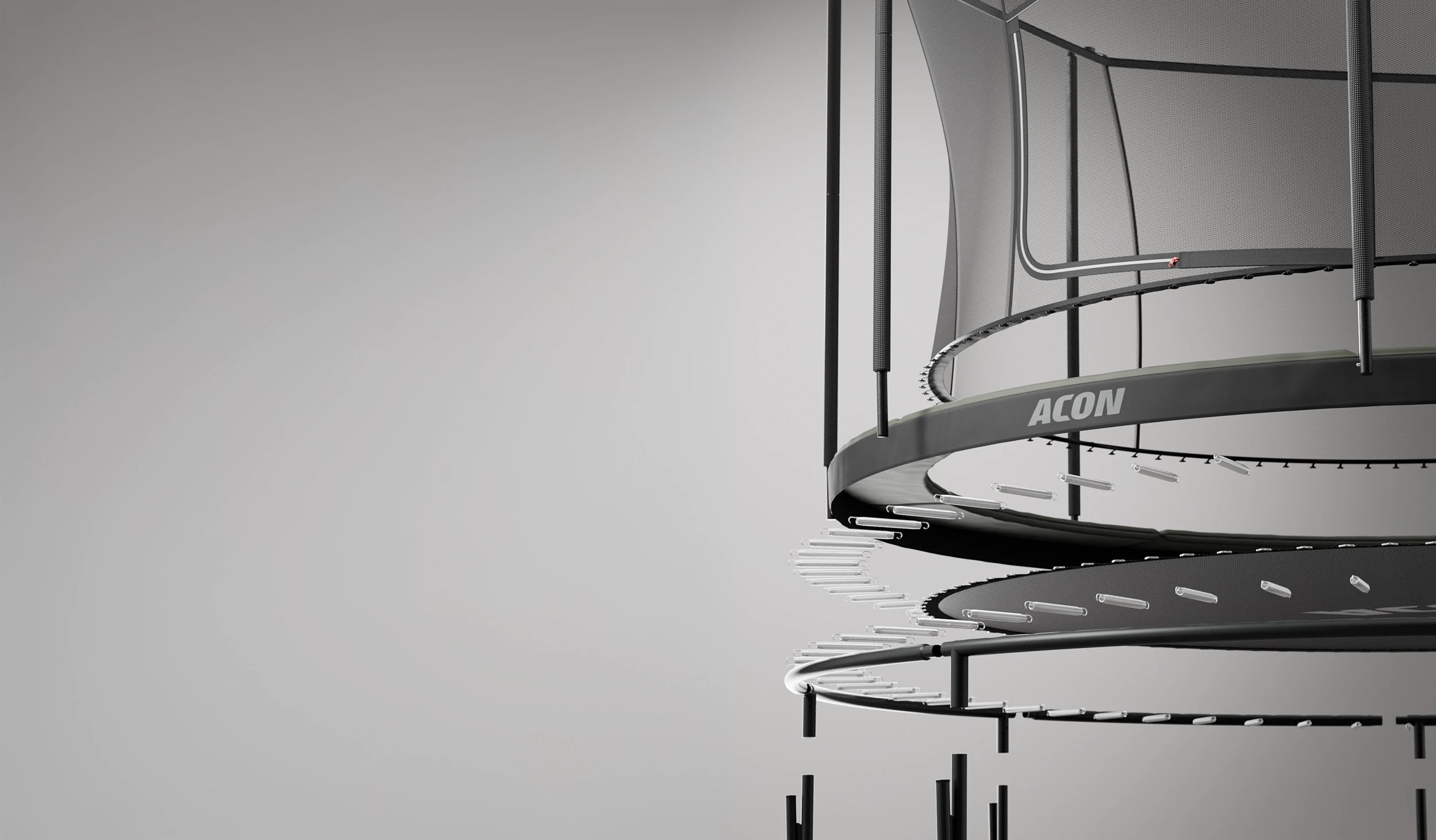 Detail from an exploded view of an Acon Air trampoline showing its parts separated.