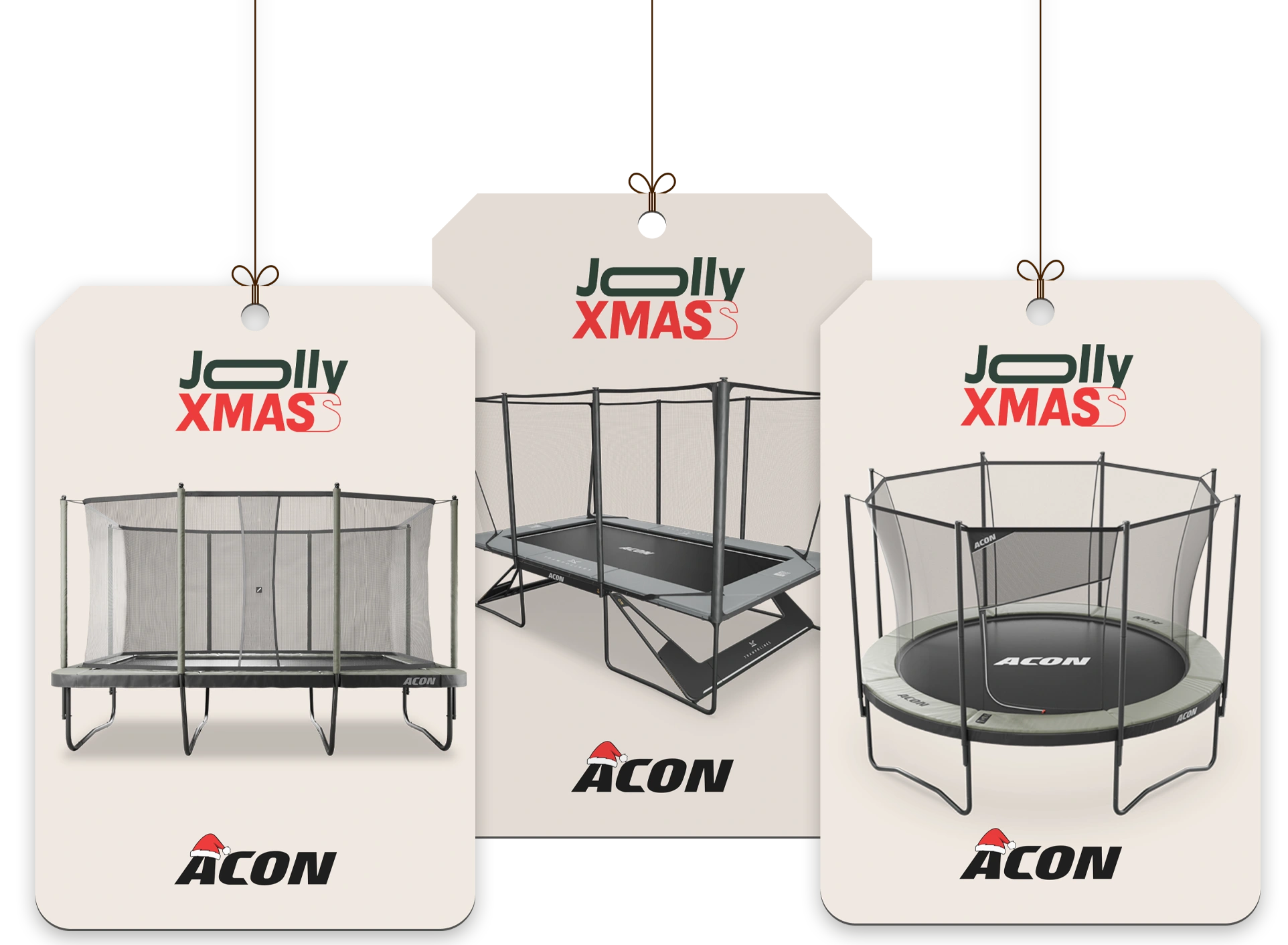 Three Acon trampolines with Jolly Xmas branding on packaging.