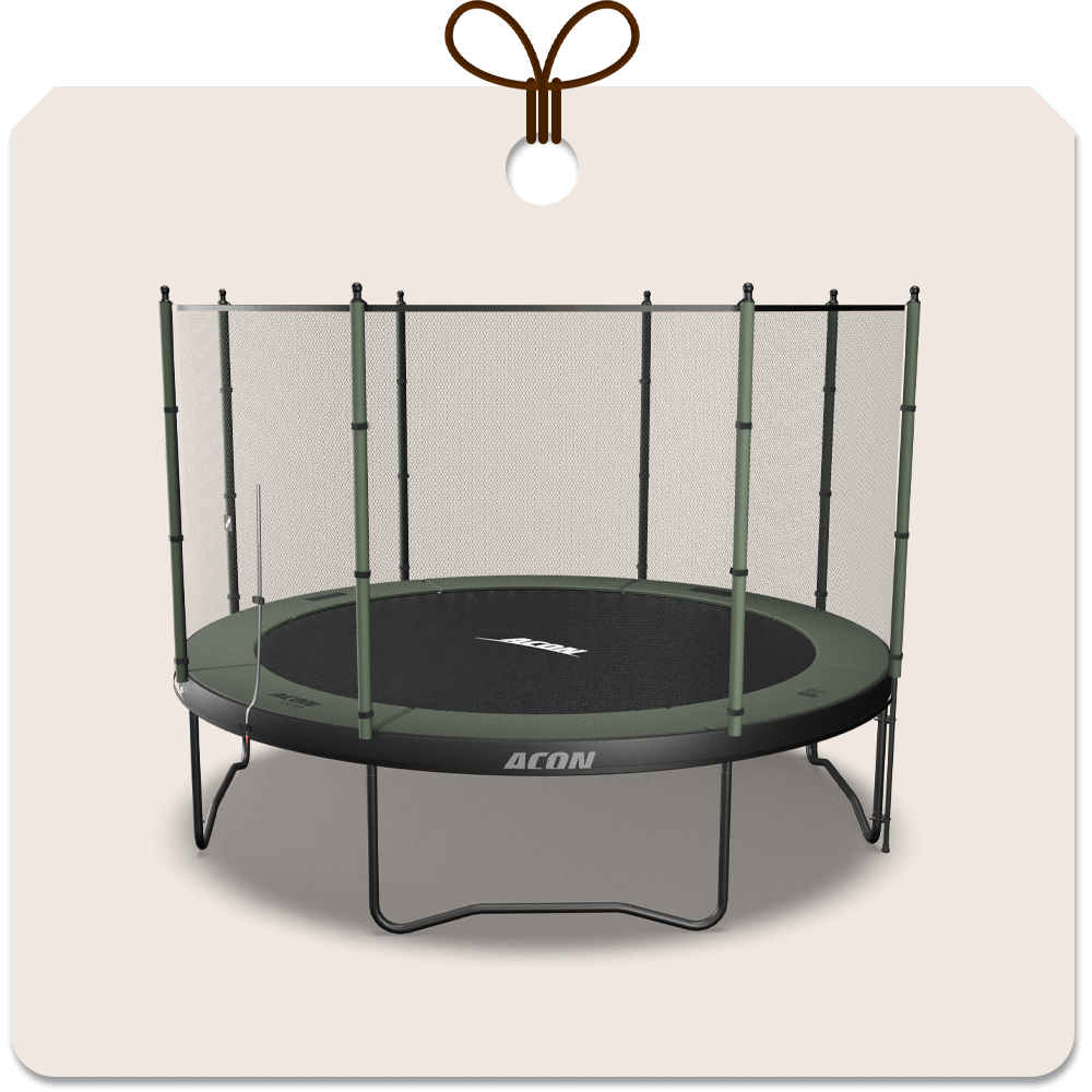 Gift package card with an image of Acon 12ft Trampoline with Standard net.