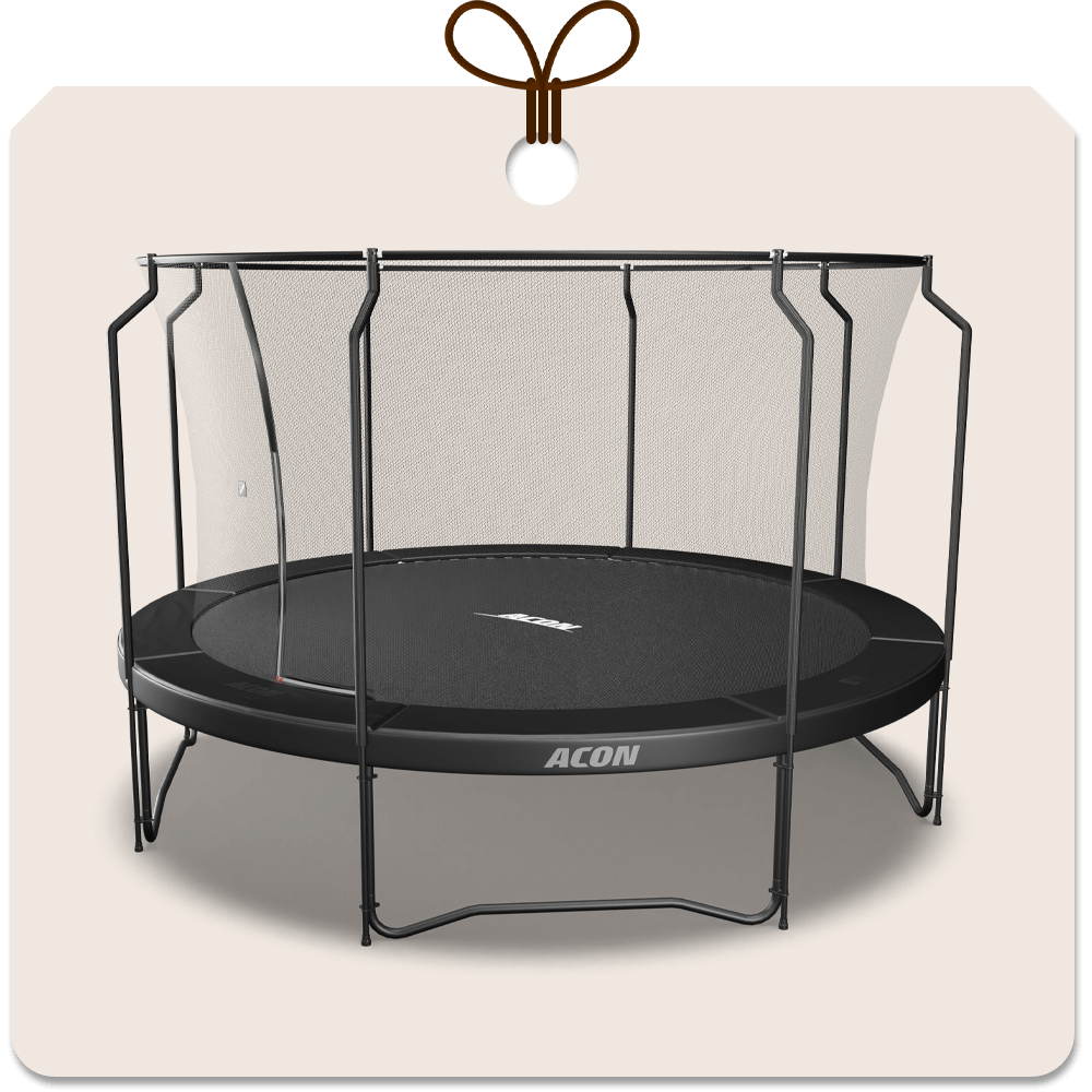 Gift package card with an image of Acon Black 14ft Trampoline with Premium net.