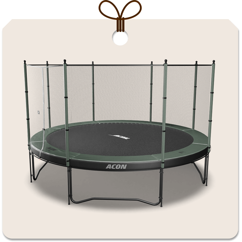 Gift package card with an image of Acon 14ft Trampoline with Standard net.