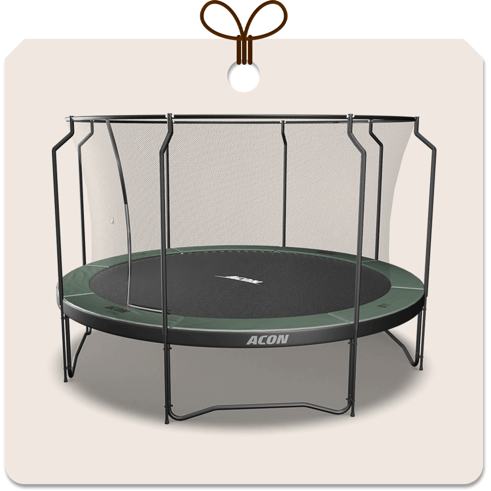 Gift package card with an image of Acon 14ft Trampoline with  Premium net.