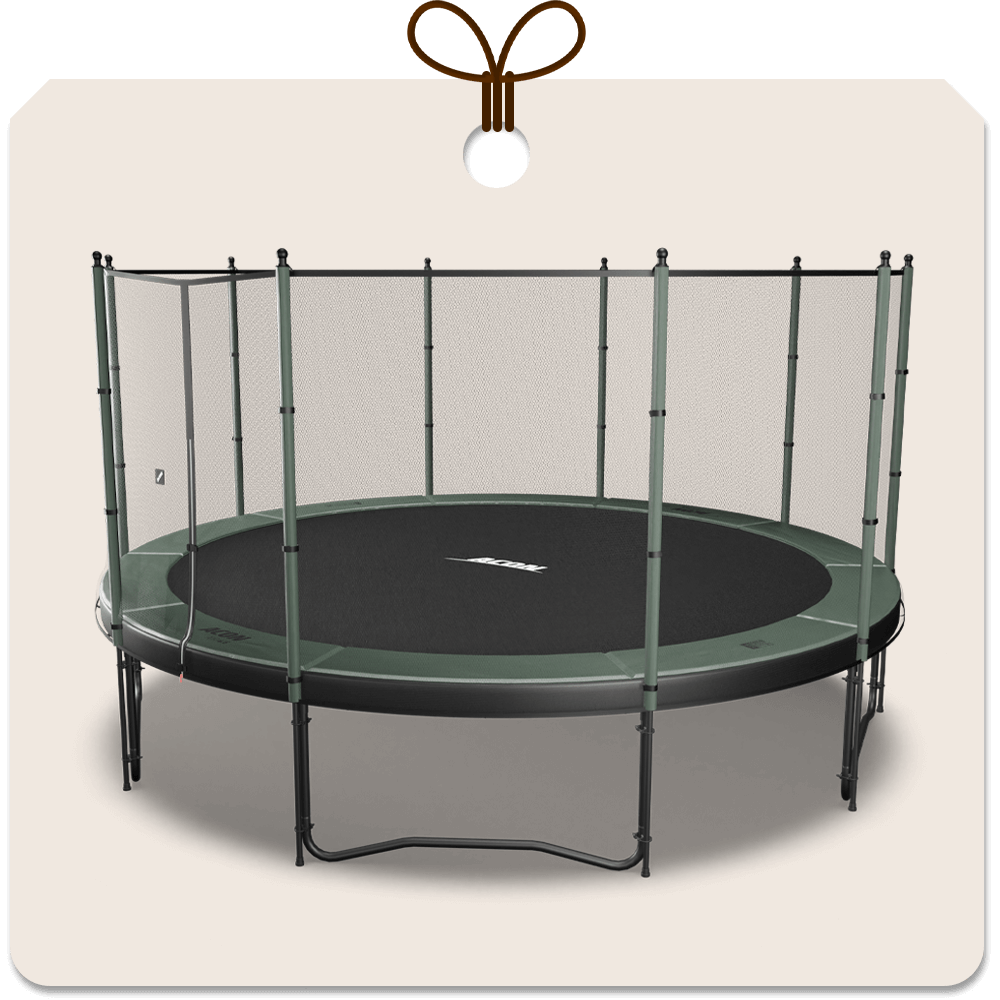 Gift package card with an image of Acon 15ft Trampoline with Premium net.