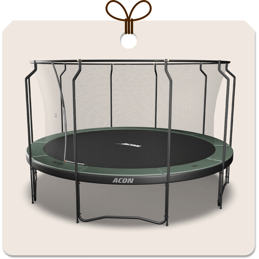 Gift package card with an image of Acon 15ft Trampoline with Premium net.