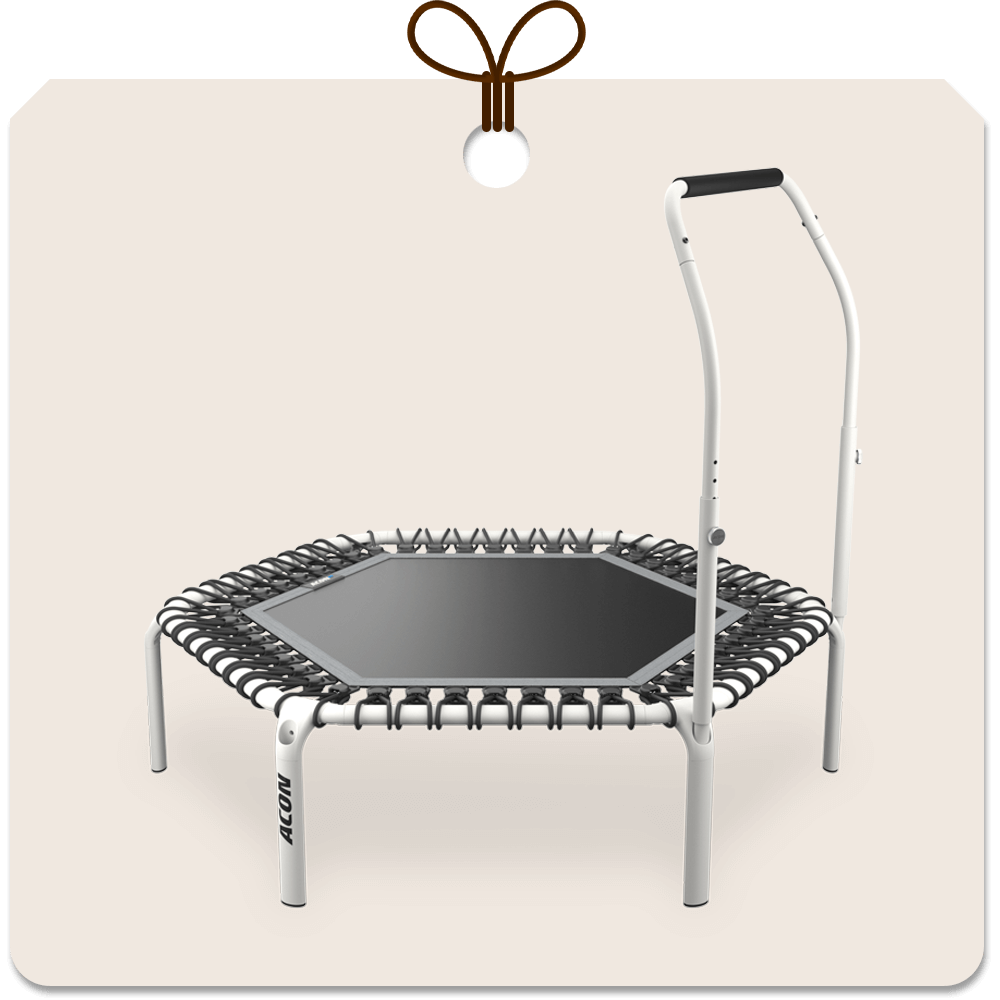 Gift package card with an image of white hexagon Acon FIT rebounder with Active handlebar.