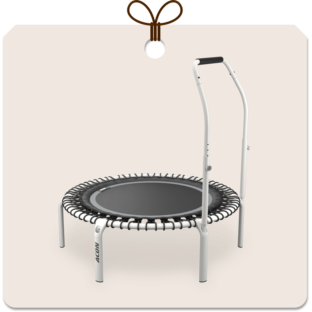 Gift package card with an image of white round Acon FIT rebounder with Active handlebar.