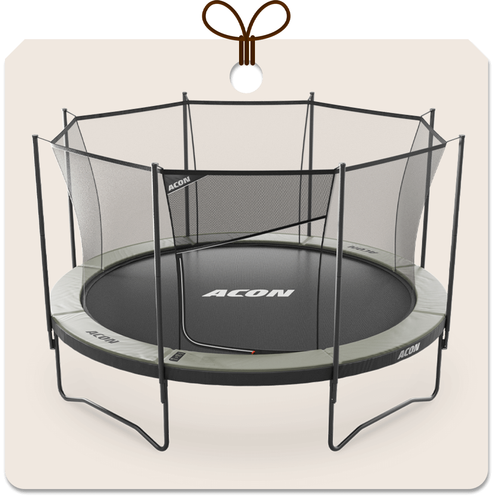 Gift package card with an image of Acon Air 14ft Trampoline with net.