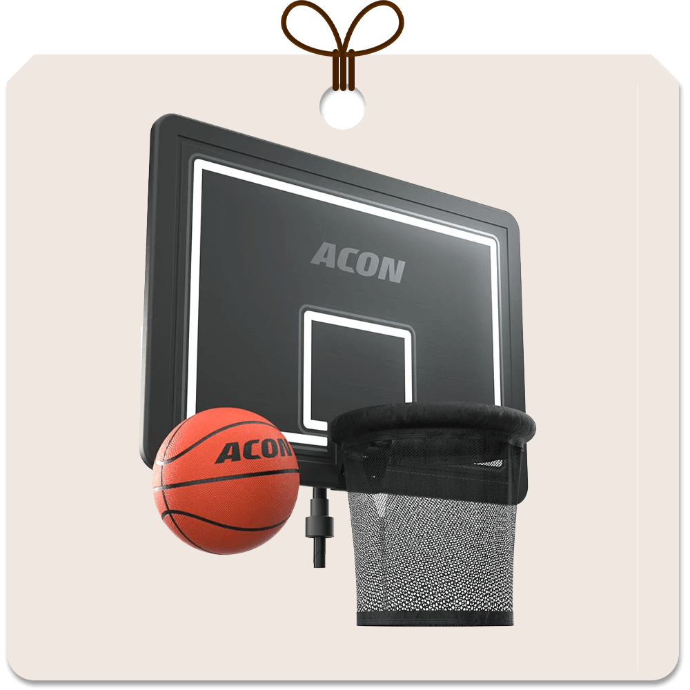 Gift package card with an image of Acon Basketball Hoop for Round Trampolines.