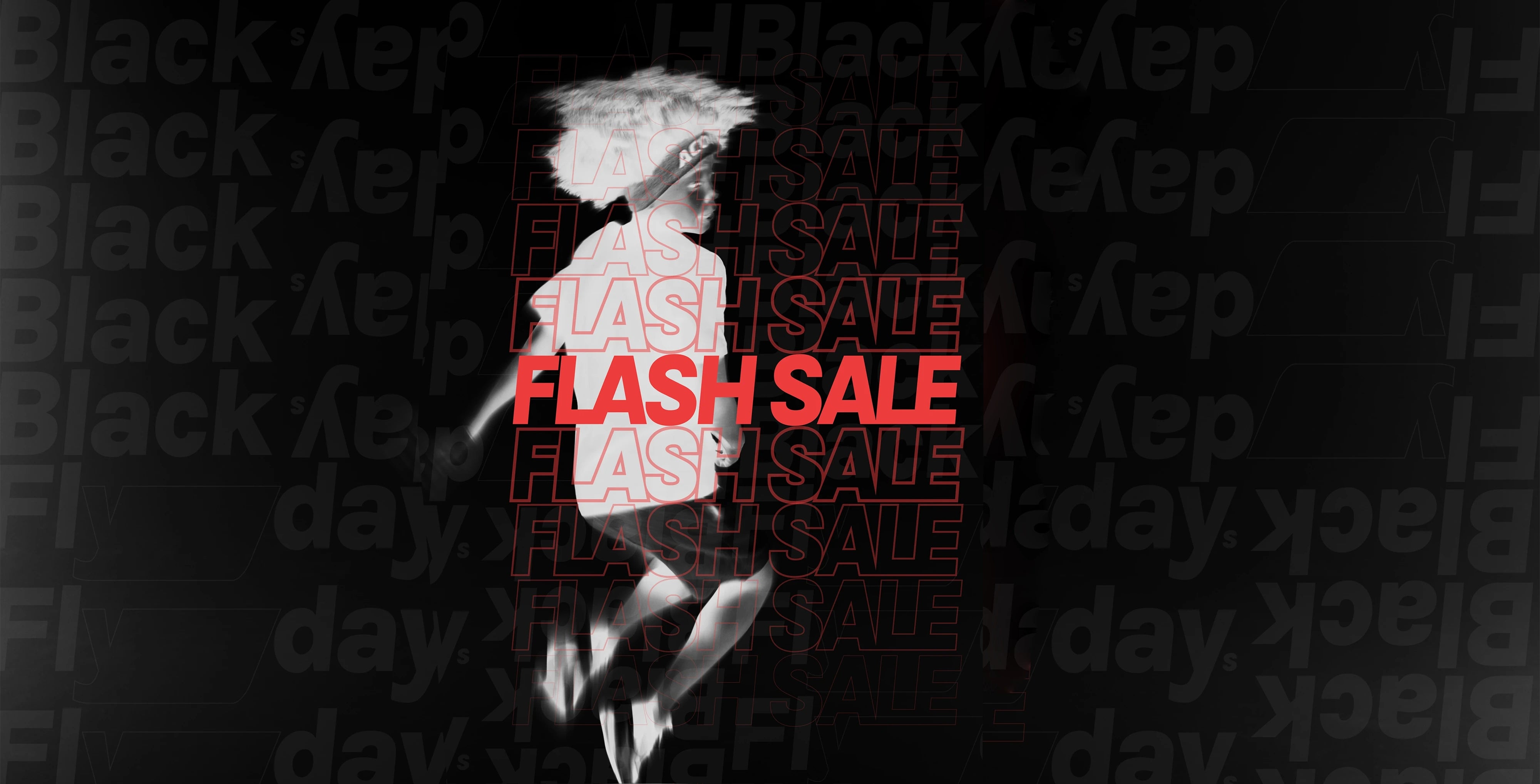 Negative image of a boy jumping, with FLASH SALE text on top.