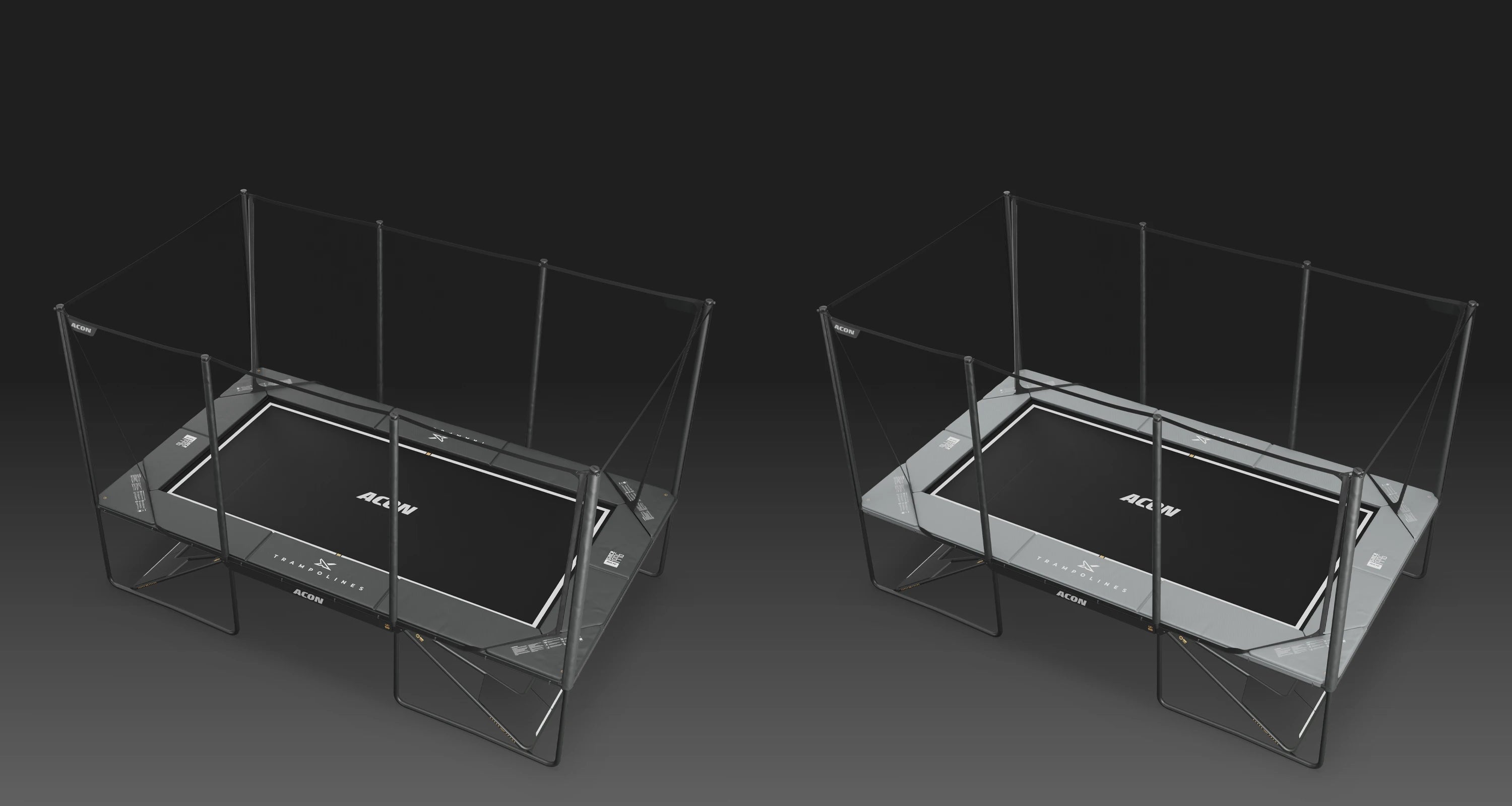 Dark and light gray Acon X trampolines on a dark background.