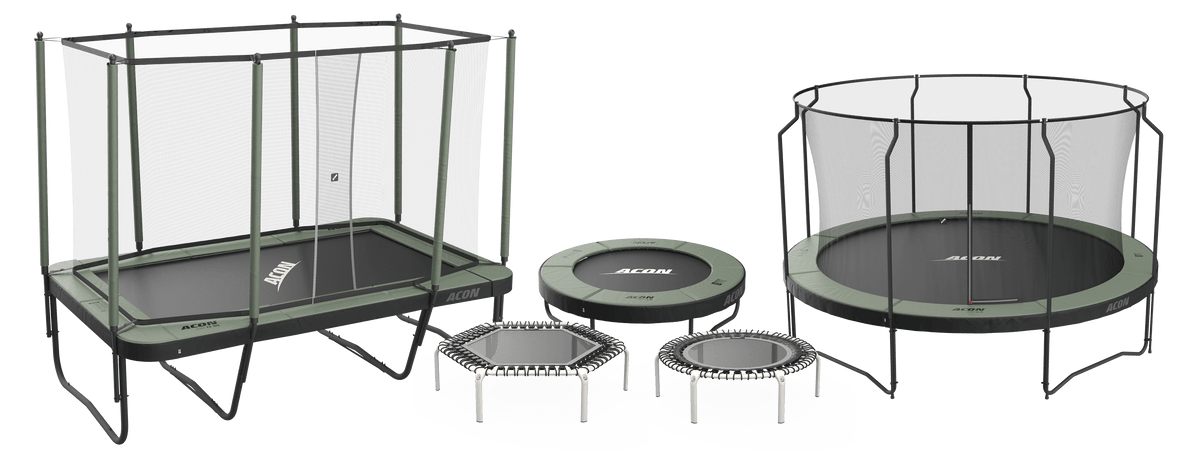 Different trampoline types: rectangular trampoline, mini trampoline, round trampoline and rebounders.