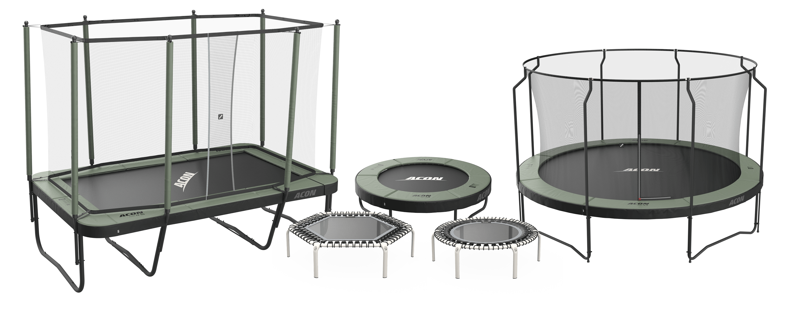 Different trampoline types: rectangular trampoline, mini trampoline, round trampoline and rebounders.