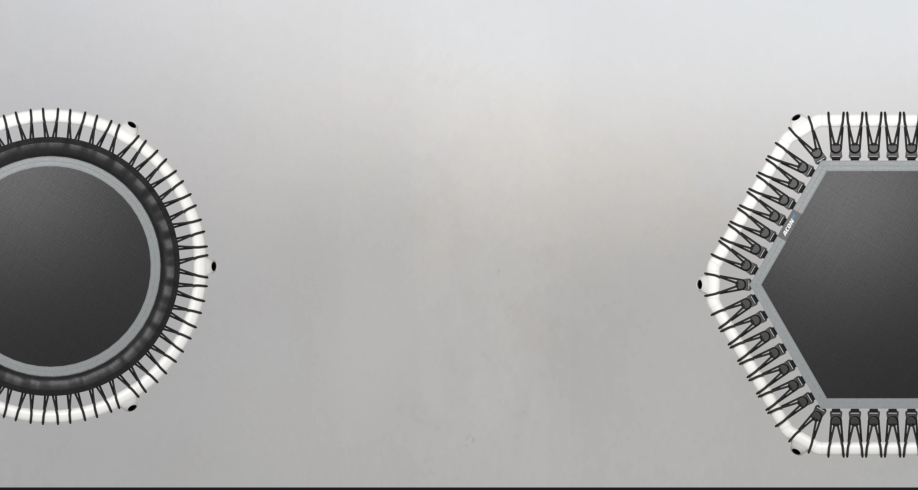 Gray background with partial round and hexagonal rebounders visible from above.