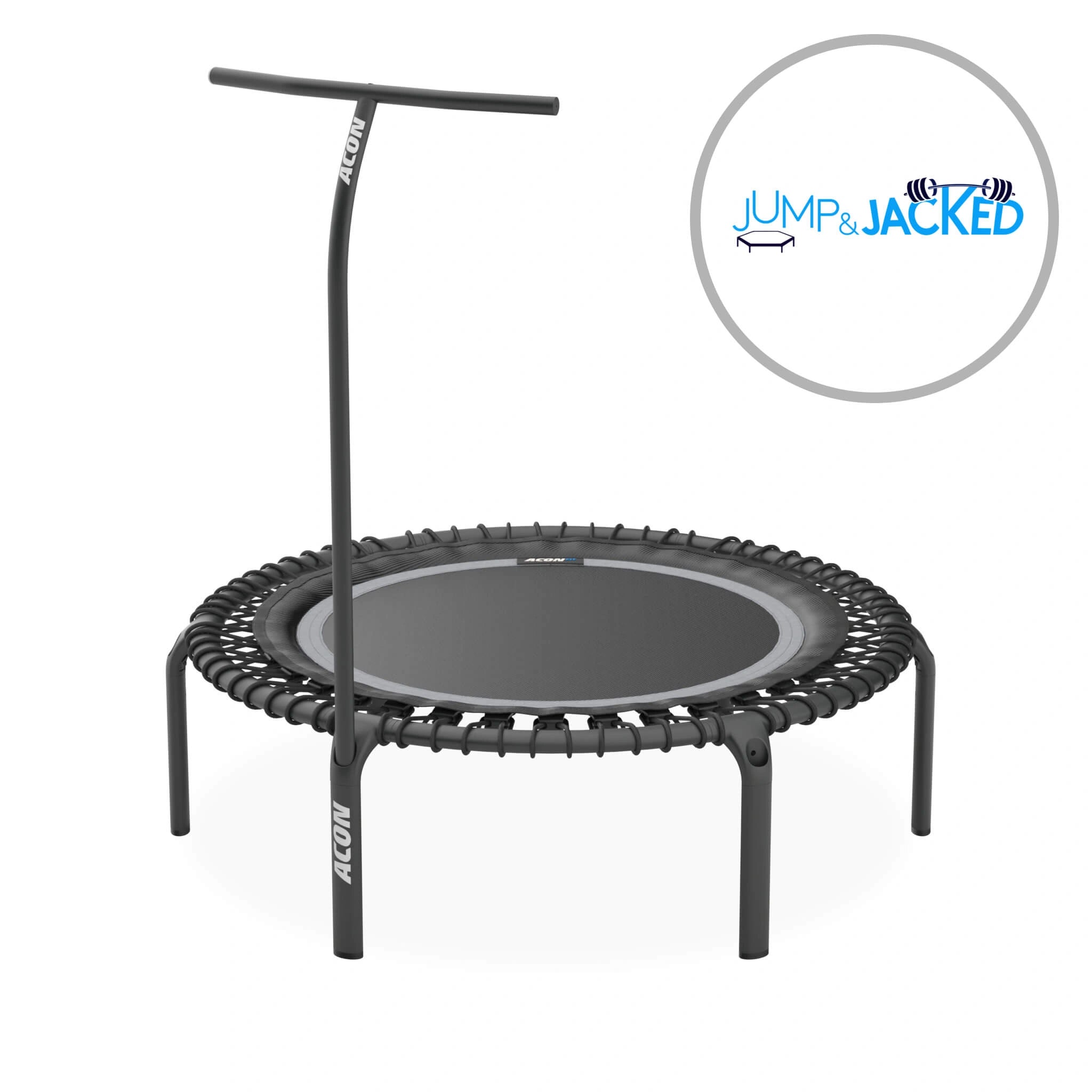 Acon Fit 44in Round Rebounder with Handlebar, black. Jump & Jacked logo.