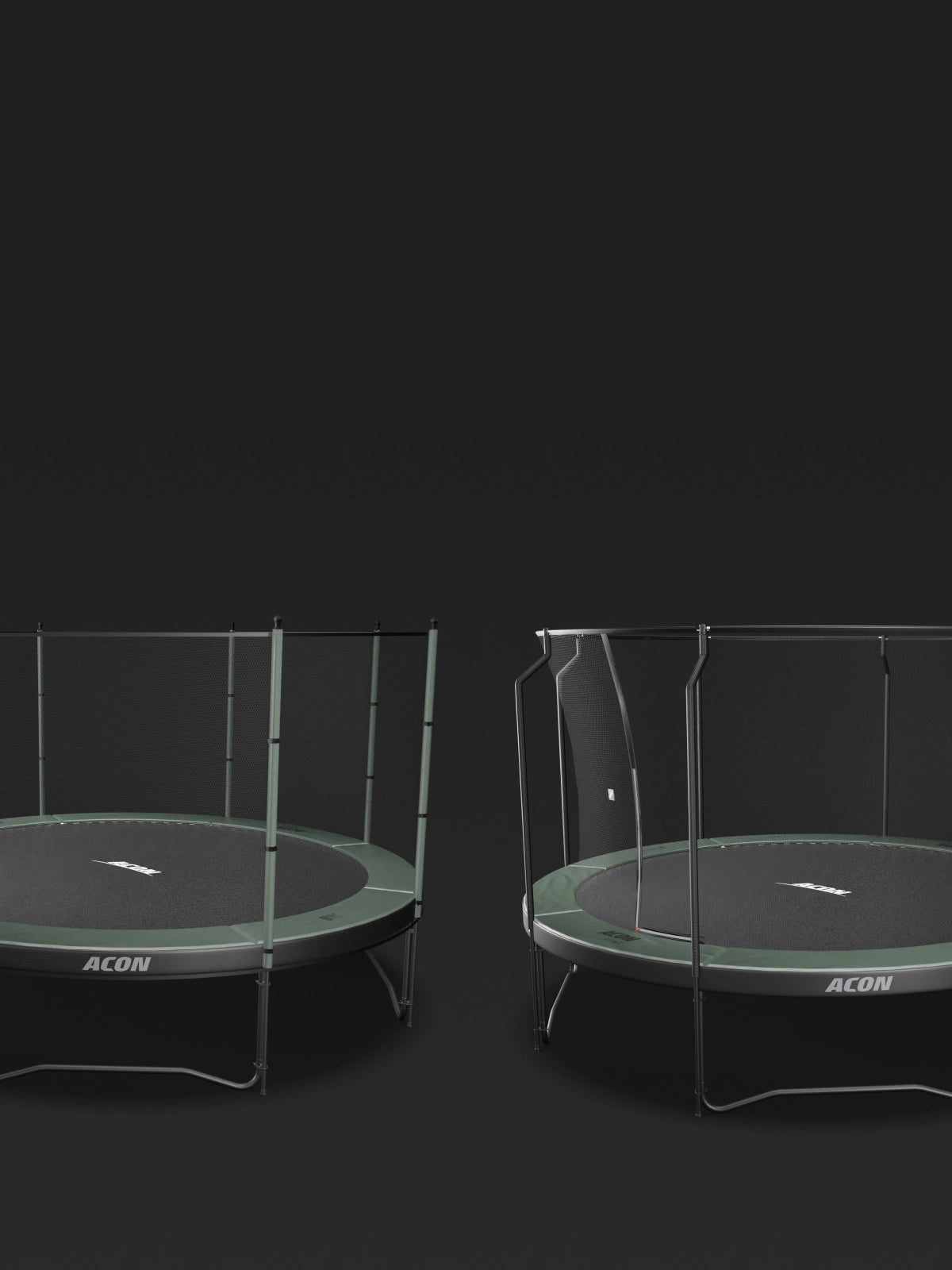 Two round Acon trampolines against a dark background. One trampoline features a Standard safety net, the other a Premium safety net.