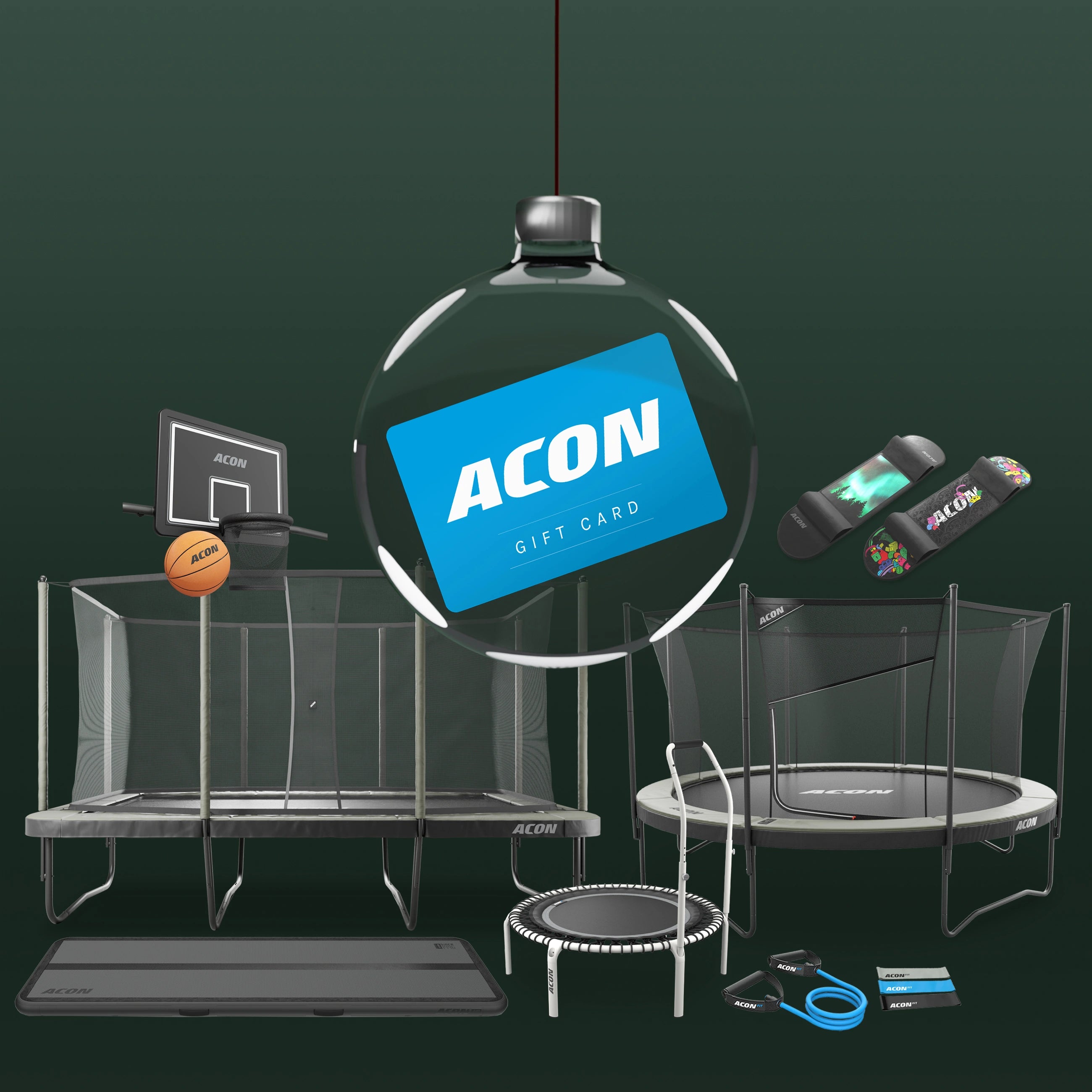 Glass Christmas ornament on green background with blue Acon gift card inside. Background shows Acon trampolines, fit rebounder and basketball hoop.