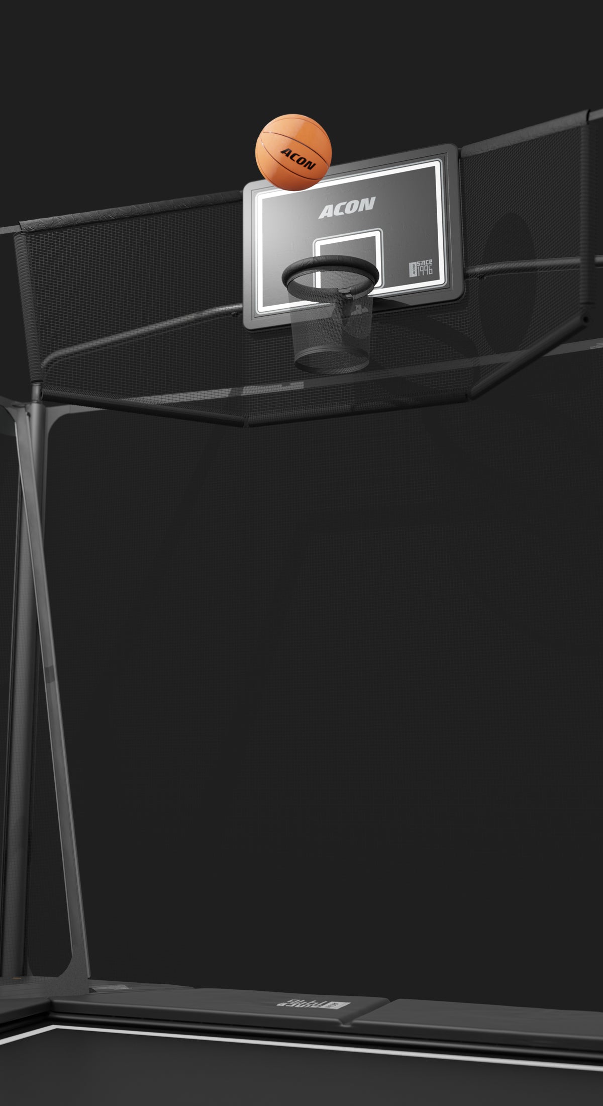Acon X Trampoline Basketball hoop with a basketball on a black background.