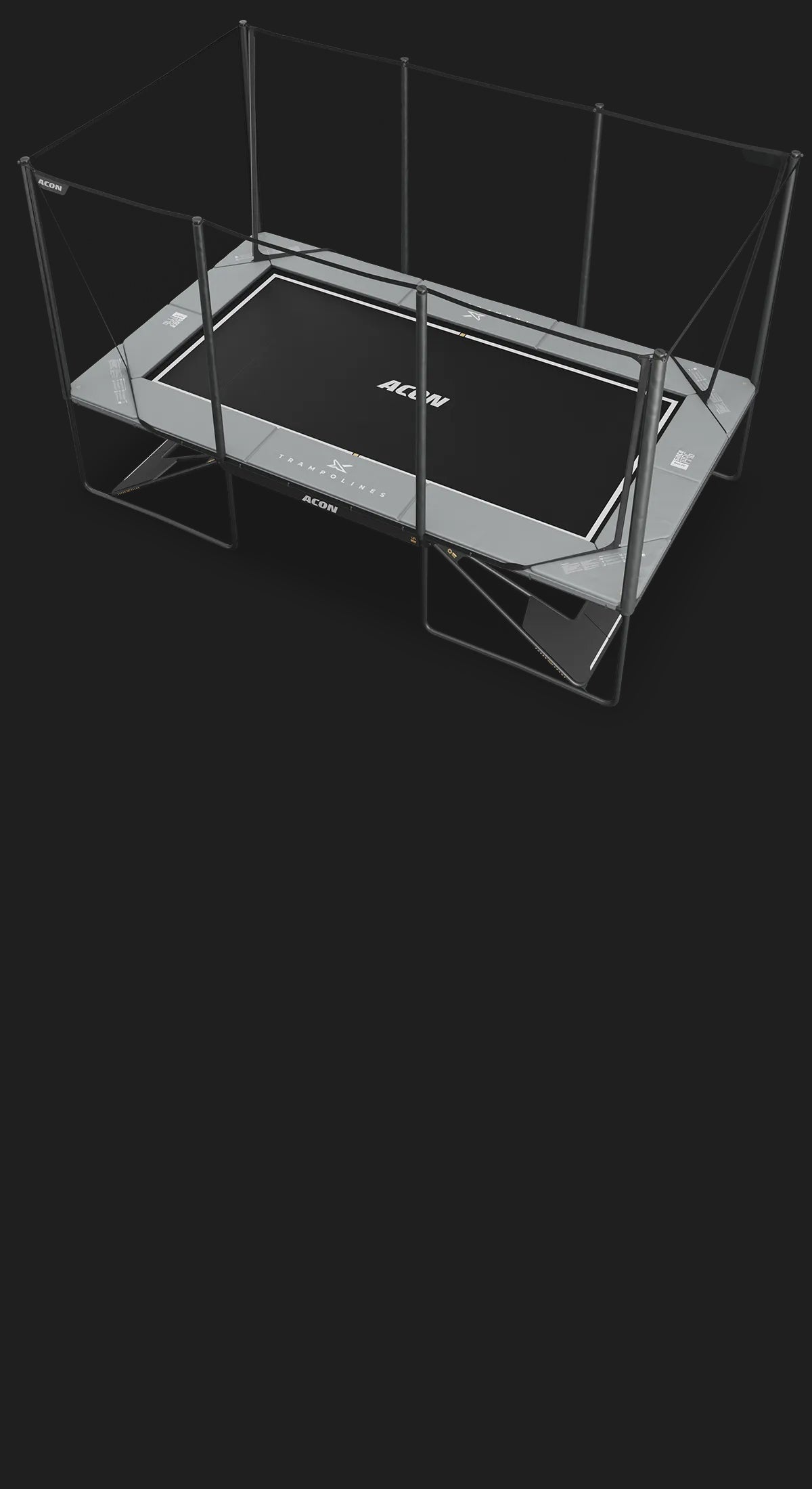 Grey Acon X Trampoline with safety net on a black background.
