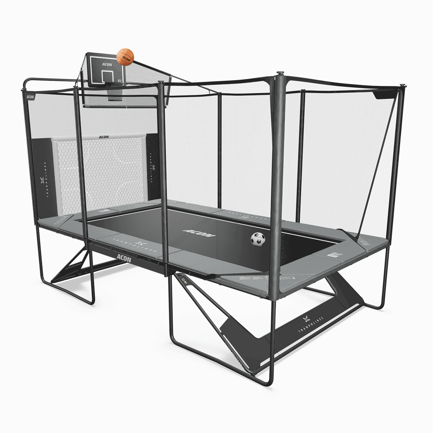 Acon X trampoline equipped with a basketball hoop stand and a football goal. In the animated image, the trampoline color changes from grey to black.