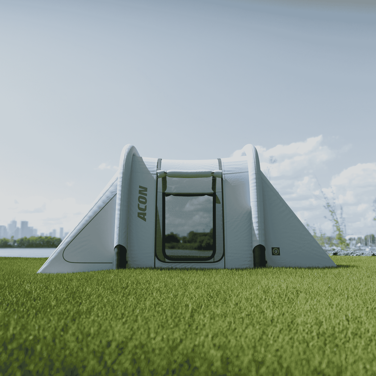Acon Rectangular Trampoline Tent assembled on grass from the front