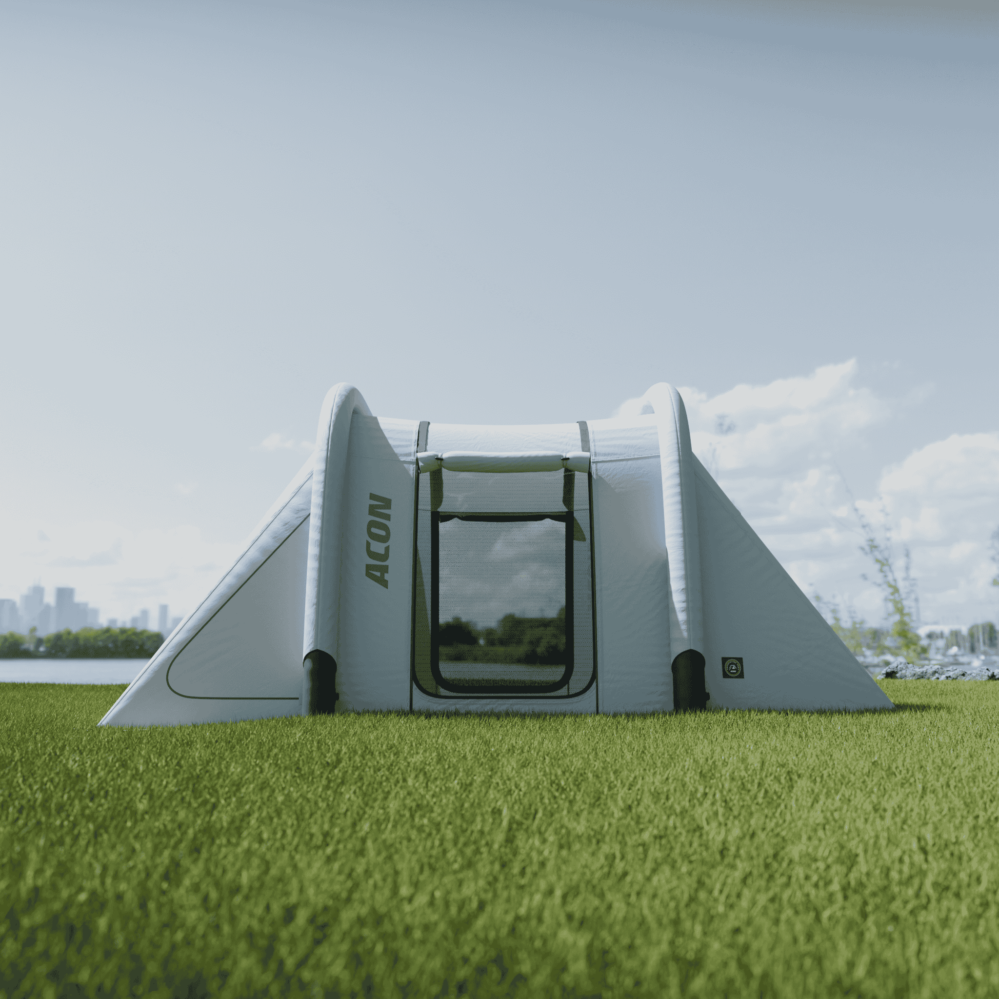 Acon Rectangular Trampoline Tent assembled on grass from the front