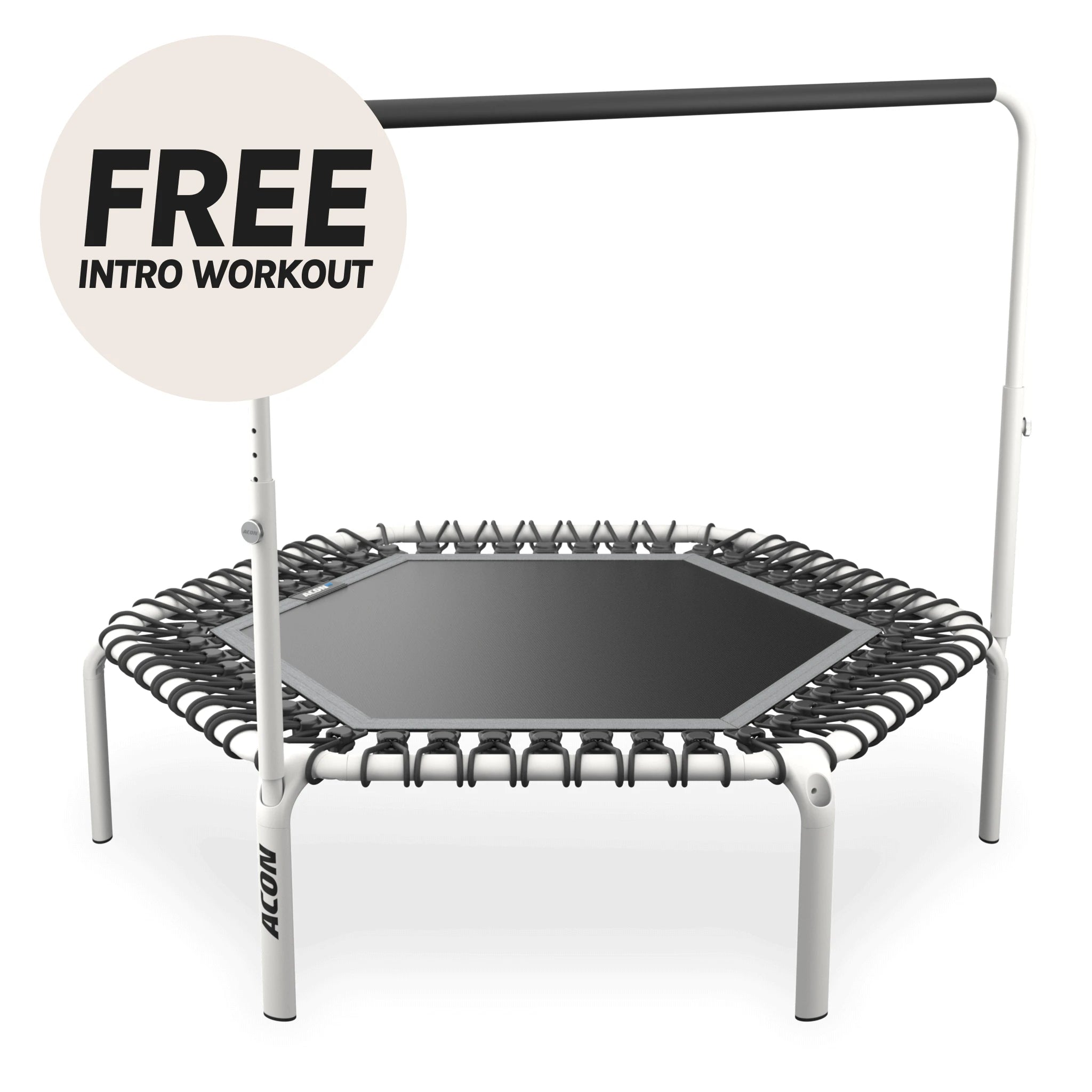 White Hexagon Acon FIT trampoline with Balance handle. Beige circle with the text "Free intro workout".