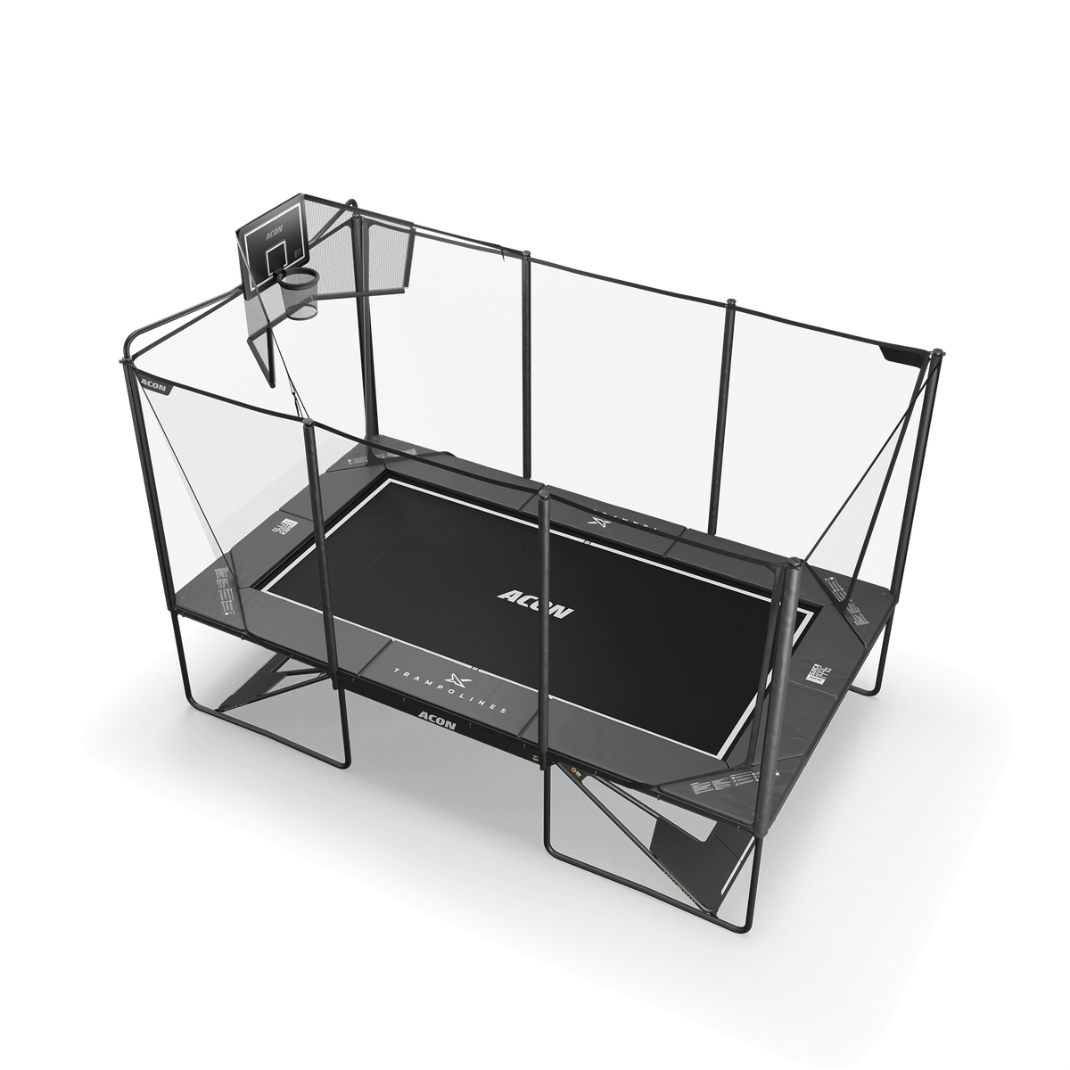 Acon X 17ft Rectangular Trampoline with Acon X Basketball Hoop and Back Net.