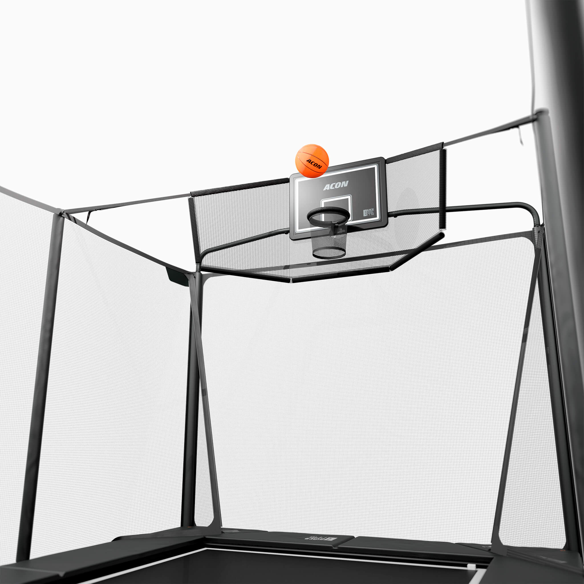 Detail of Acon X Hoop and Back Net assembled on the trampoline, basketball flying.