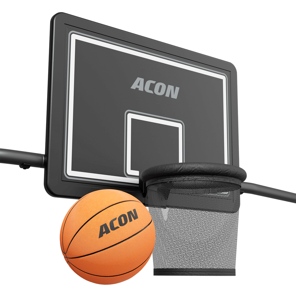 Close-up of the Acon X Trampoline Basketball Hoop and basketball.