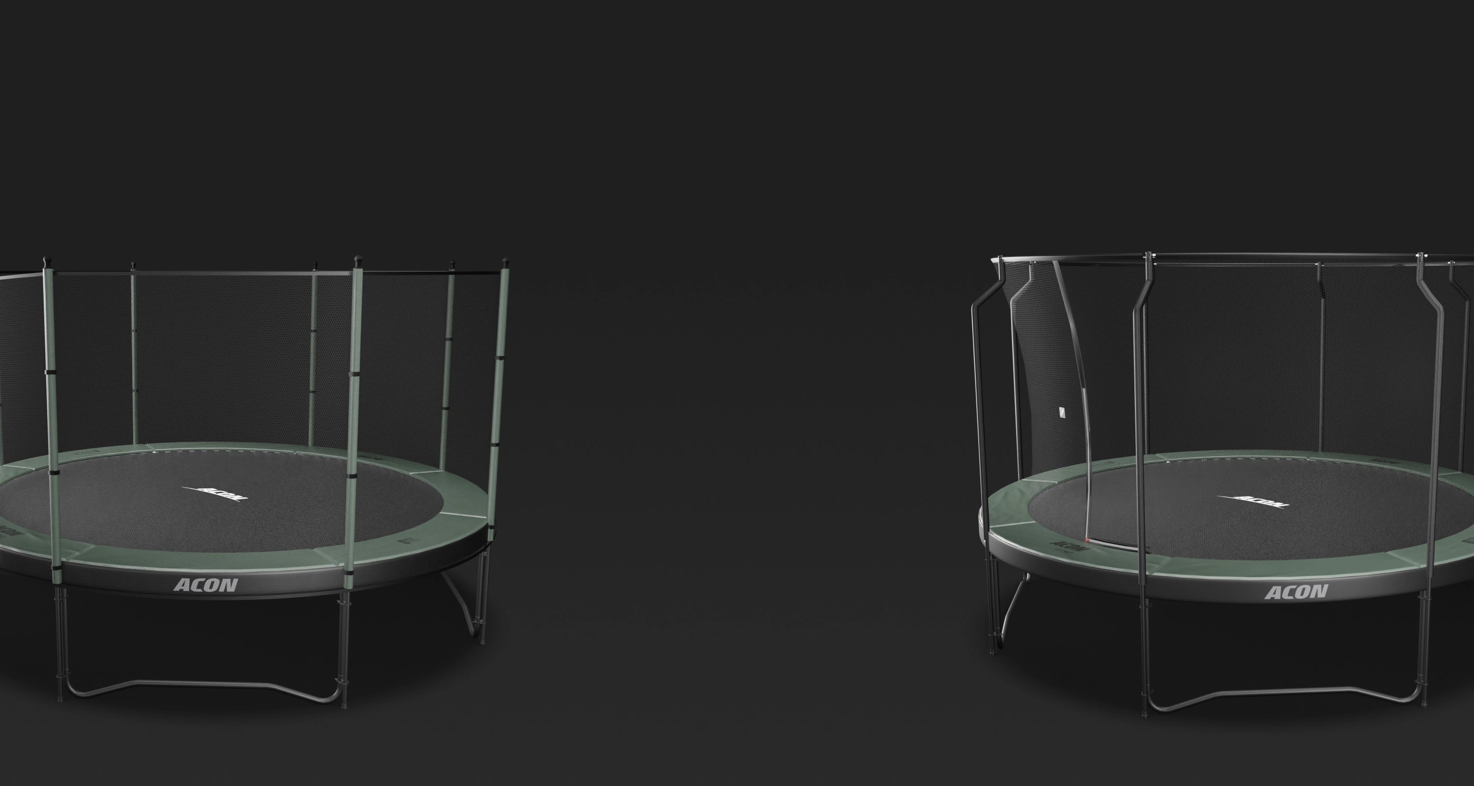 Two round Acon trampolines against a dark background. One trampoline features a Standard safety net, the other a Premium safety net.