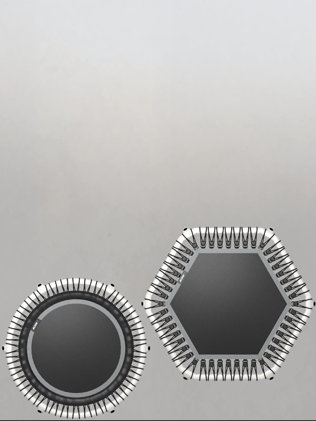 Gray background with partial round and hexagonal rebounders visible from above.