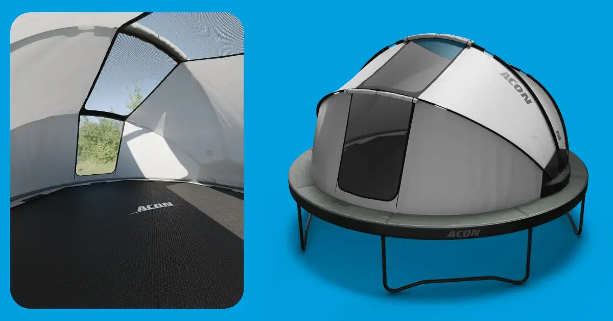 Close-up of the round Acon Trampoline Tent set up on a trampoline, showing the interior and exterior.