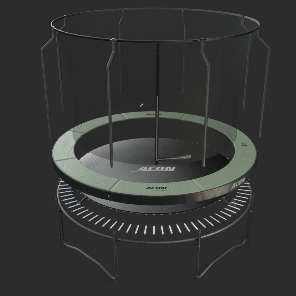 Round Acon trampoline parts separated - enlosure, safety padding, mat, springs, frame.