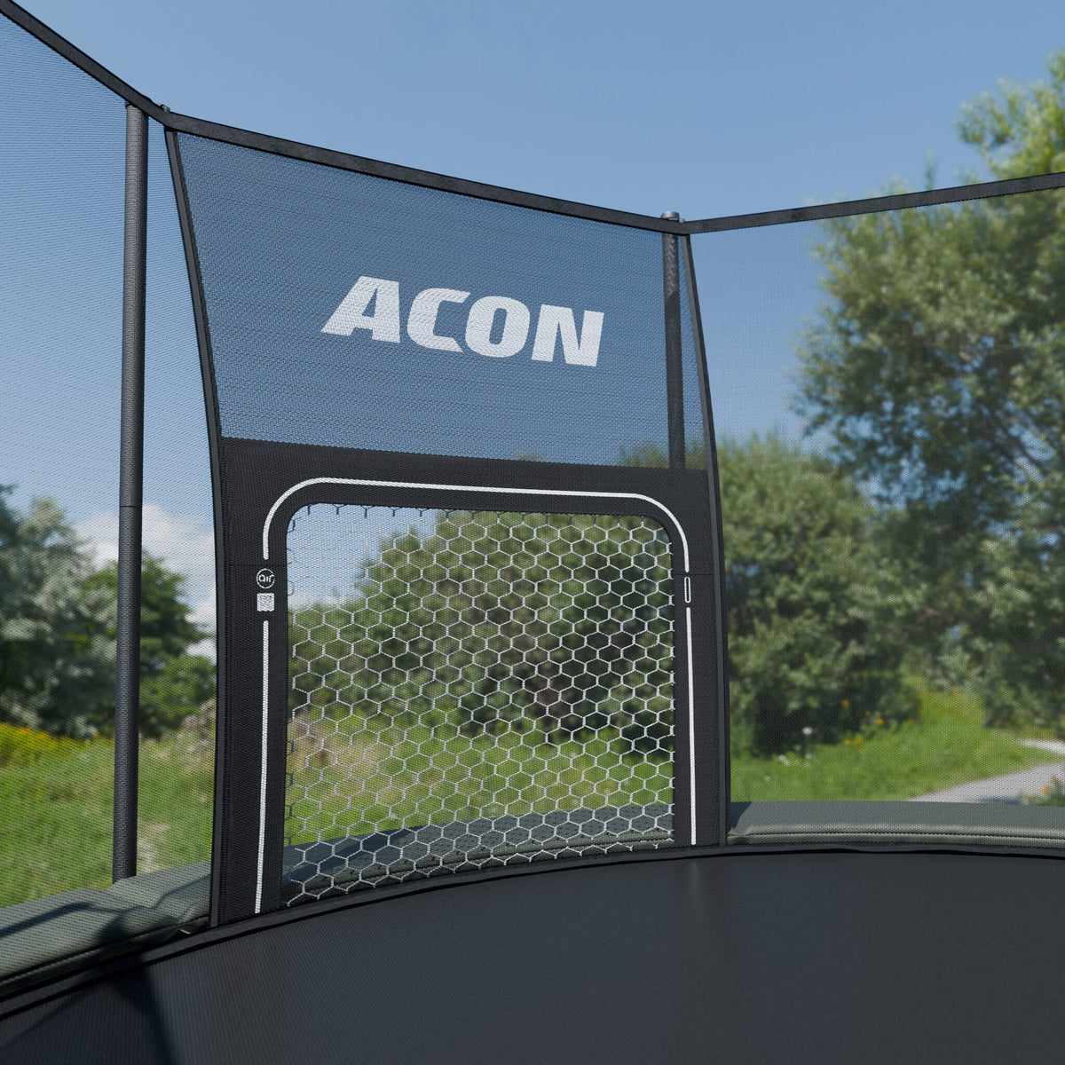 ACON Air Soccer Goal assembled to an ACON Air Round trampoline outdoors.