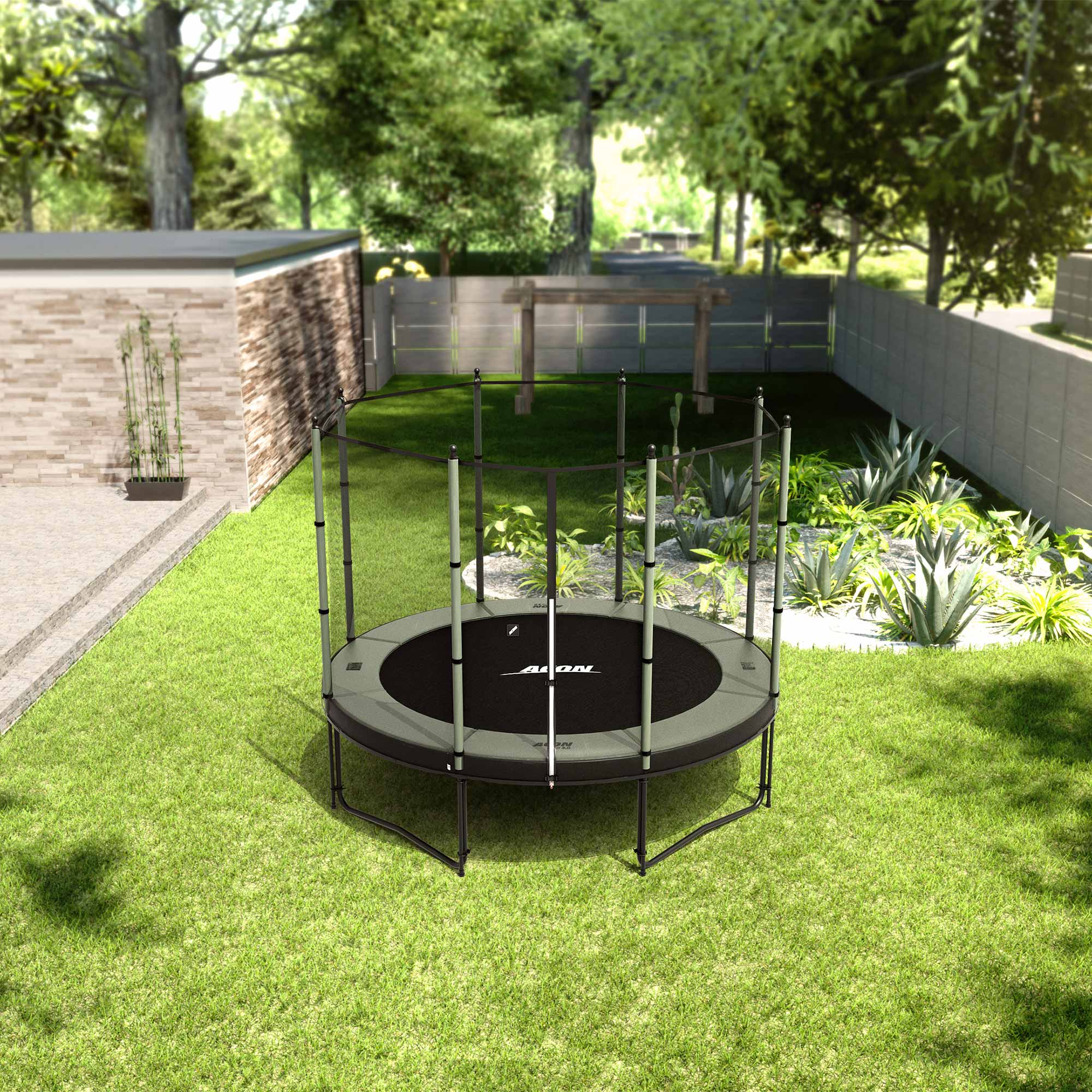 ACON Air 10ft Trampoline with Standard Enclosure in the backyard.