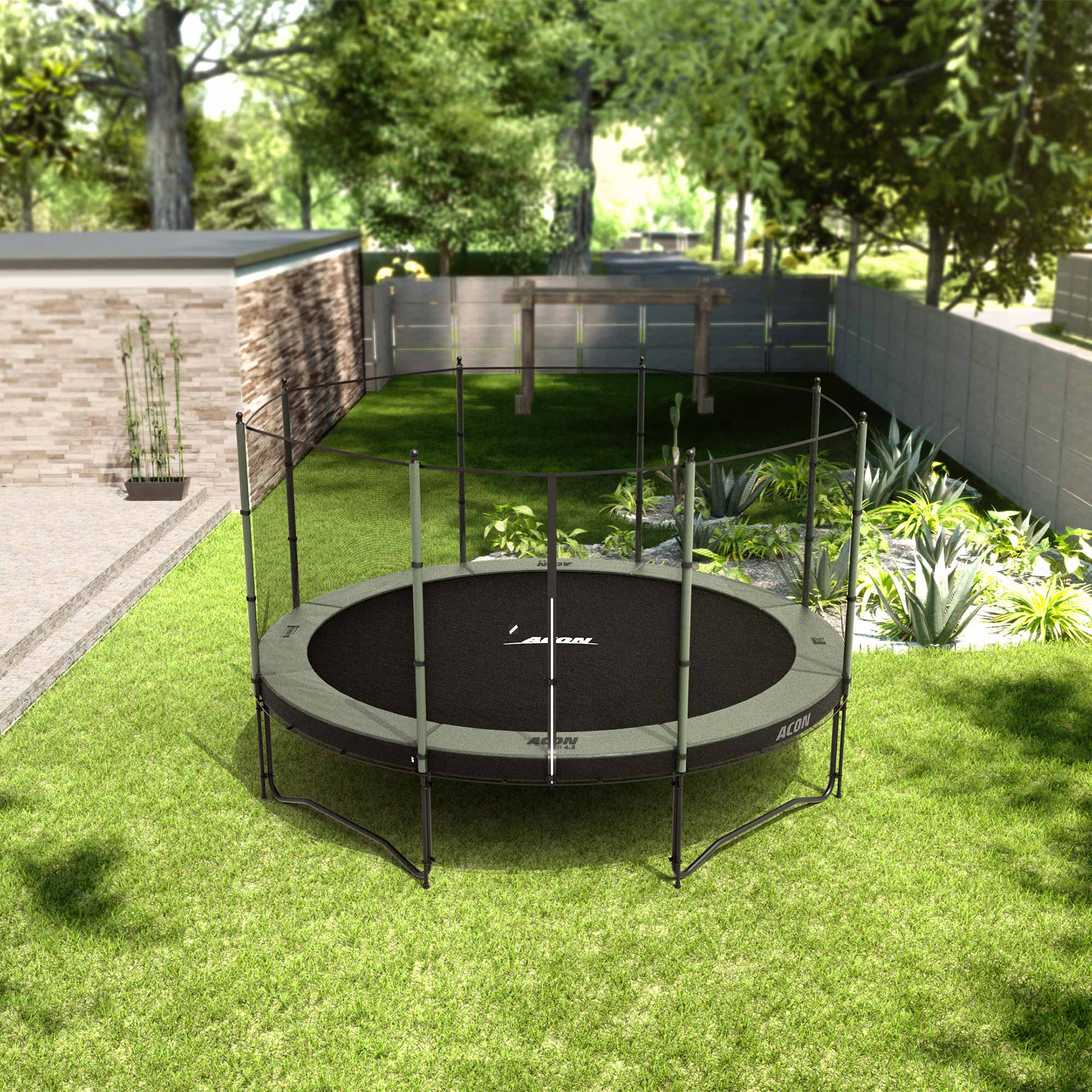 ACON Air 14ft Trampoline with Standard Enclosure in the backyard.