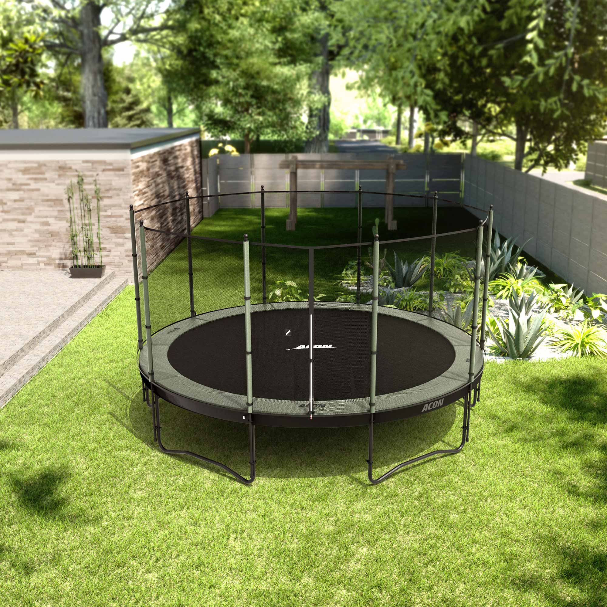 ACON Air 15ft Trampoline with Standard Enclosure in the backyard.