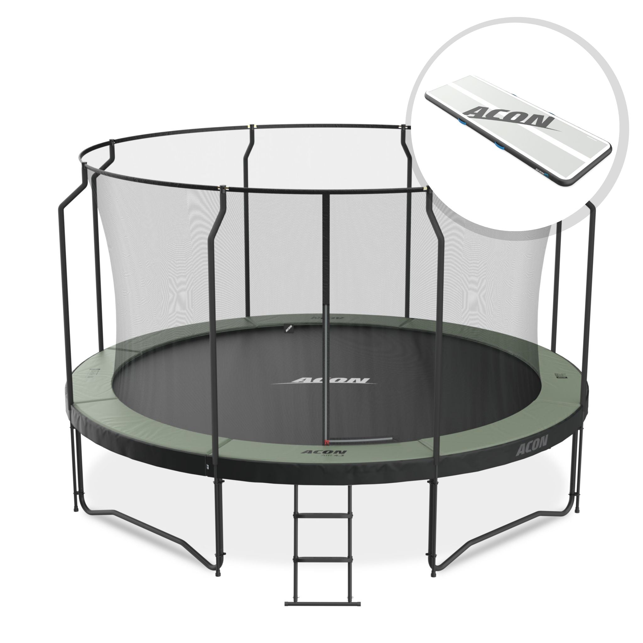 Product image of Acon15ft Round trampoline with Premium net, along with an inset round image of an Acon 10ft airtrack.