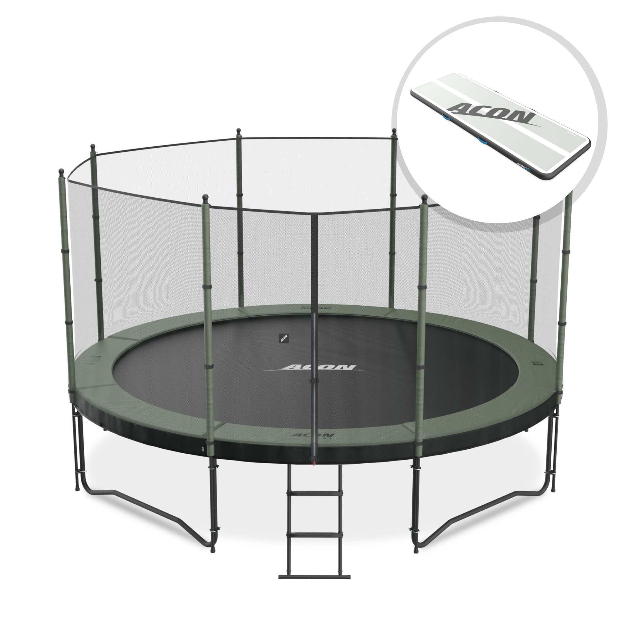Product image of Acon15ft Round trampoline with Standard net, along with an inset round image of an Acon 10ft airtrack.
