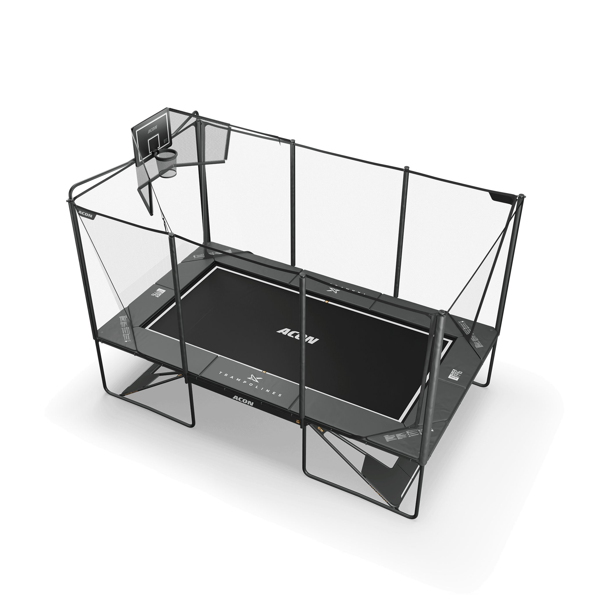 Acon X 17ft Rectangular Trampoline with Acon X Basketball Hoop and Back Net.