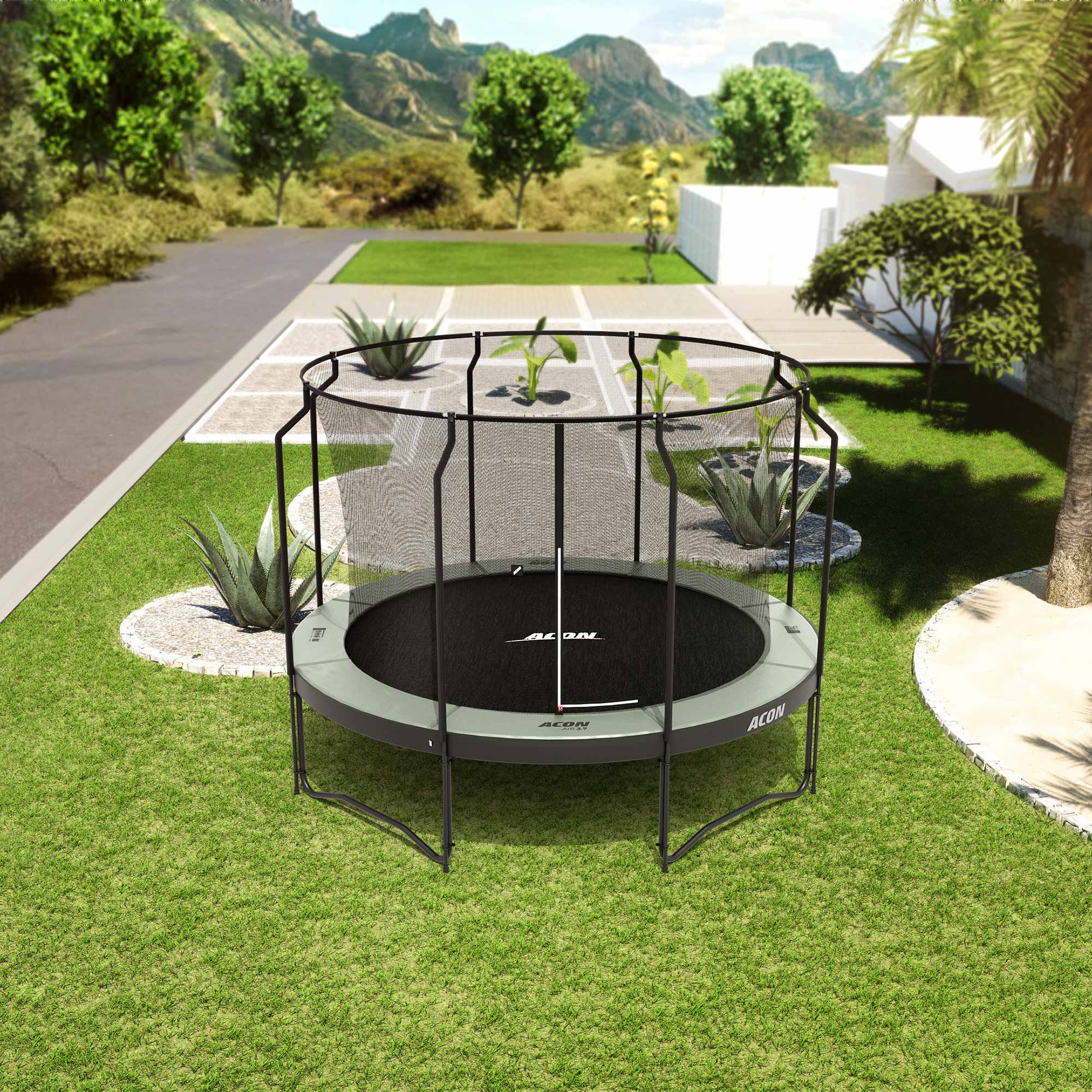 ACON Air 12ft Trampoline with Premium Enclosure in the backyard.