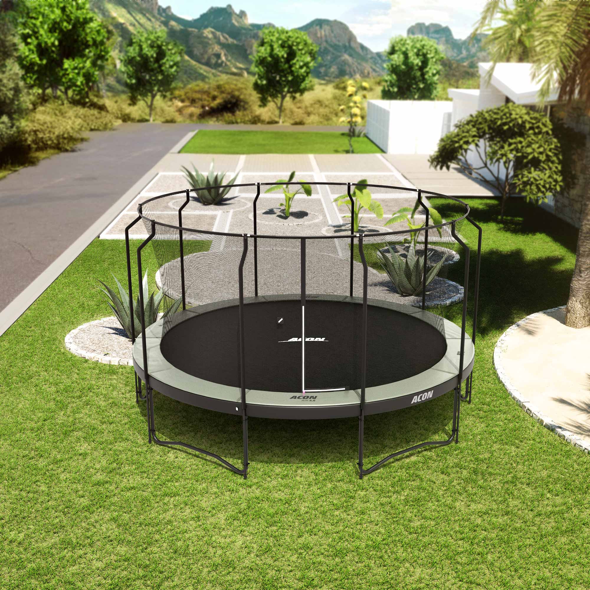 ACON Air 15ft Trampoline with Premium Enclosure in the backyard.